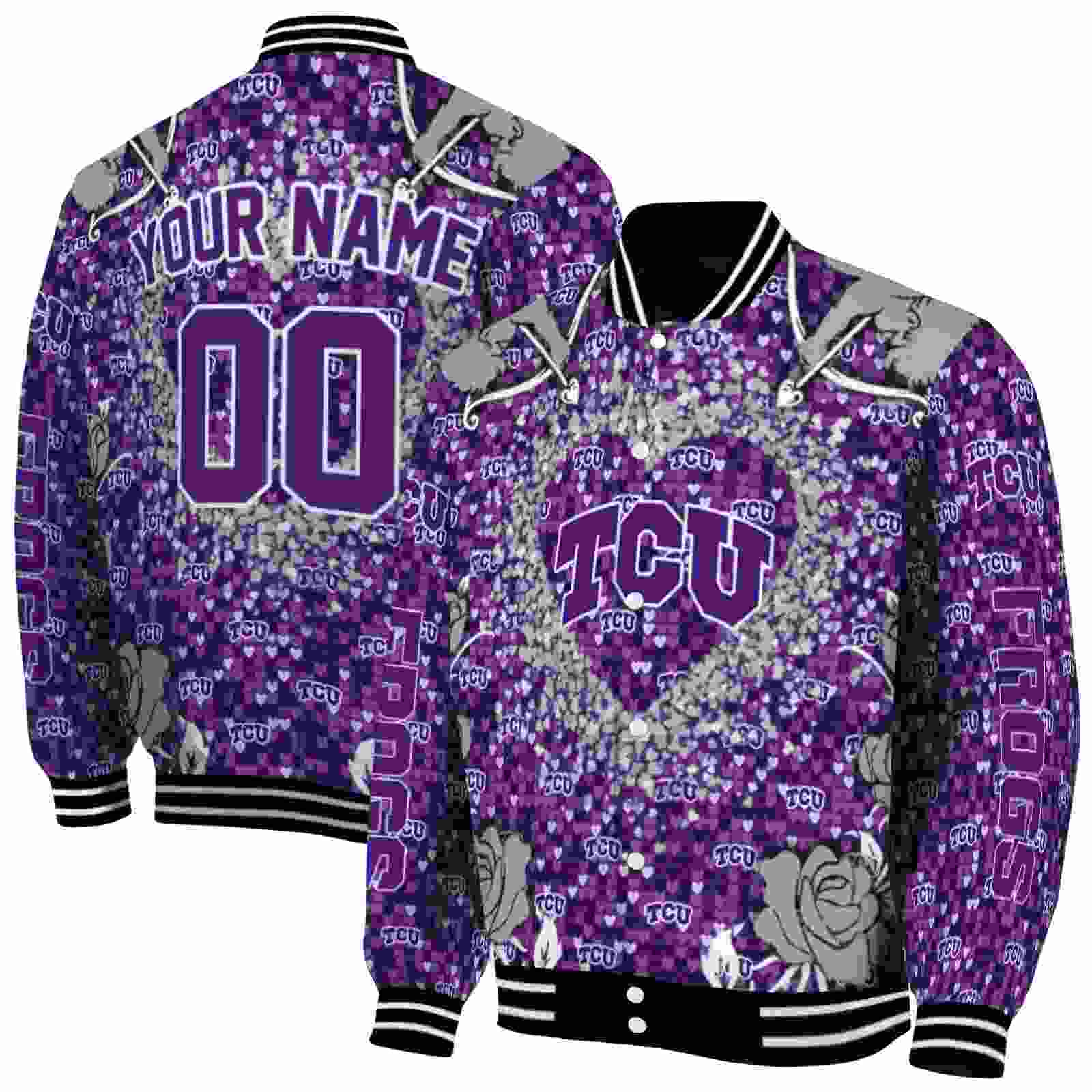 NcaaTCU Horned Frogs Heart Explosion Purple Custom Baseball Jacket Sport Fans Gear