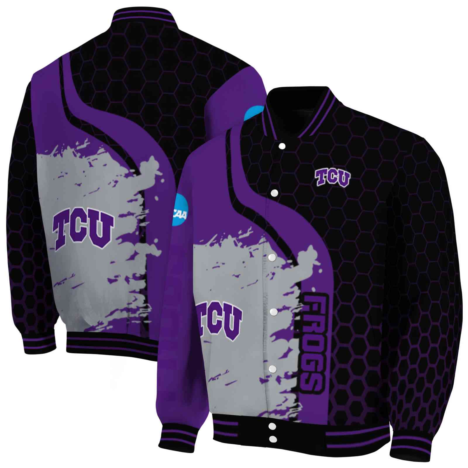 NcaaTCU Horned Frogs Hexagonal Pattern Purple Black Custom Baseball Jacket Sport Fans Gear