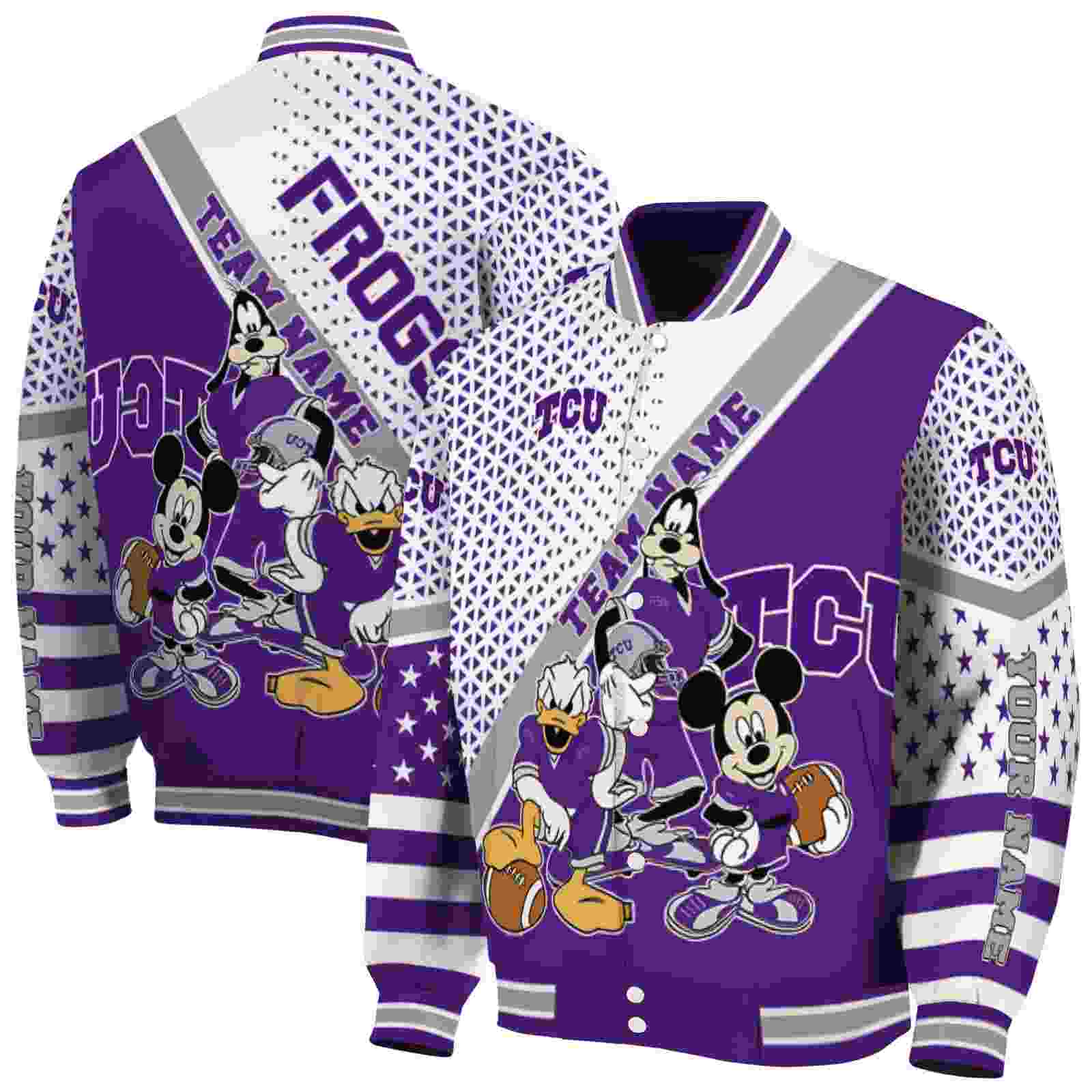 NcaaTCU Horned Frogs Mickey Donald Goofy Purple White Custom Baseball Jacket Sport Fans Gear