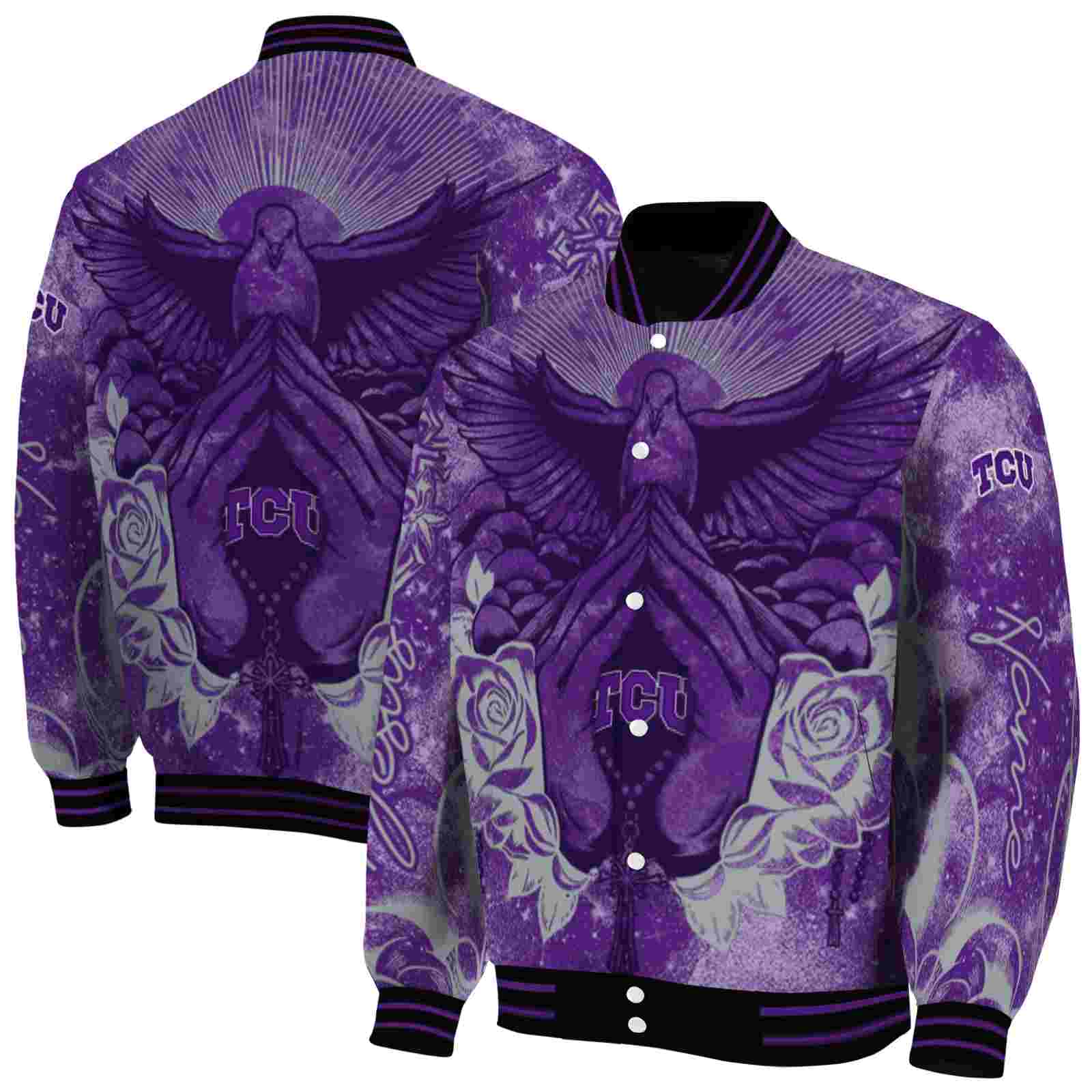 NcaaTCU Horned Frogs Praying Hands Purple Custom Baseball Jacket Sport Fans Gear