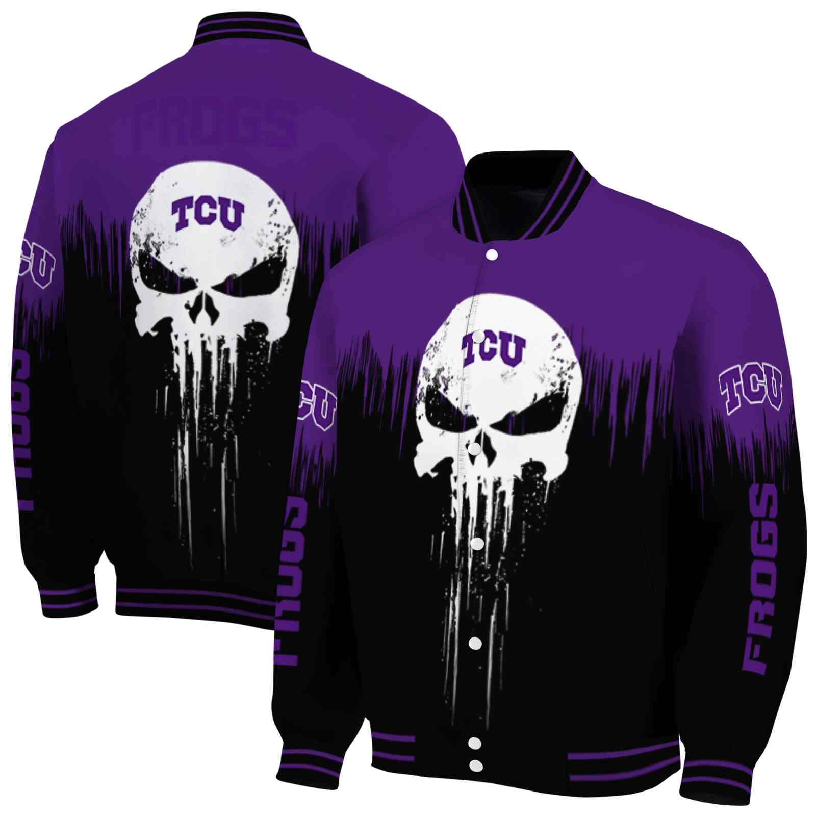 NcaaTCU Horned Frogs Punisher Skull Purple Black White Custom Baseball Jacket Sport Fans Gear