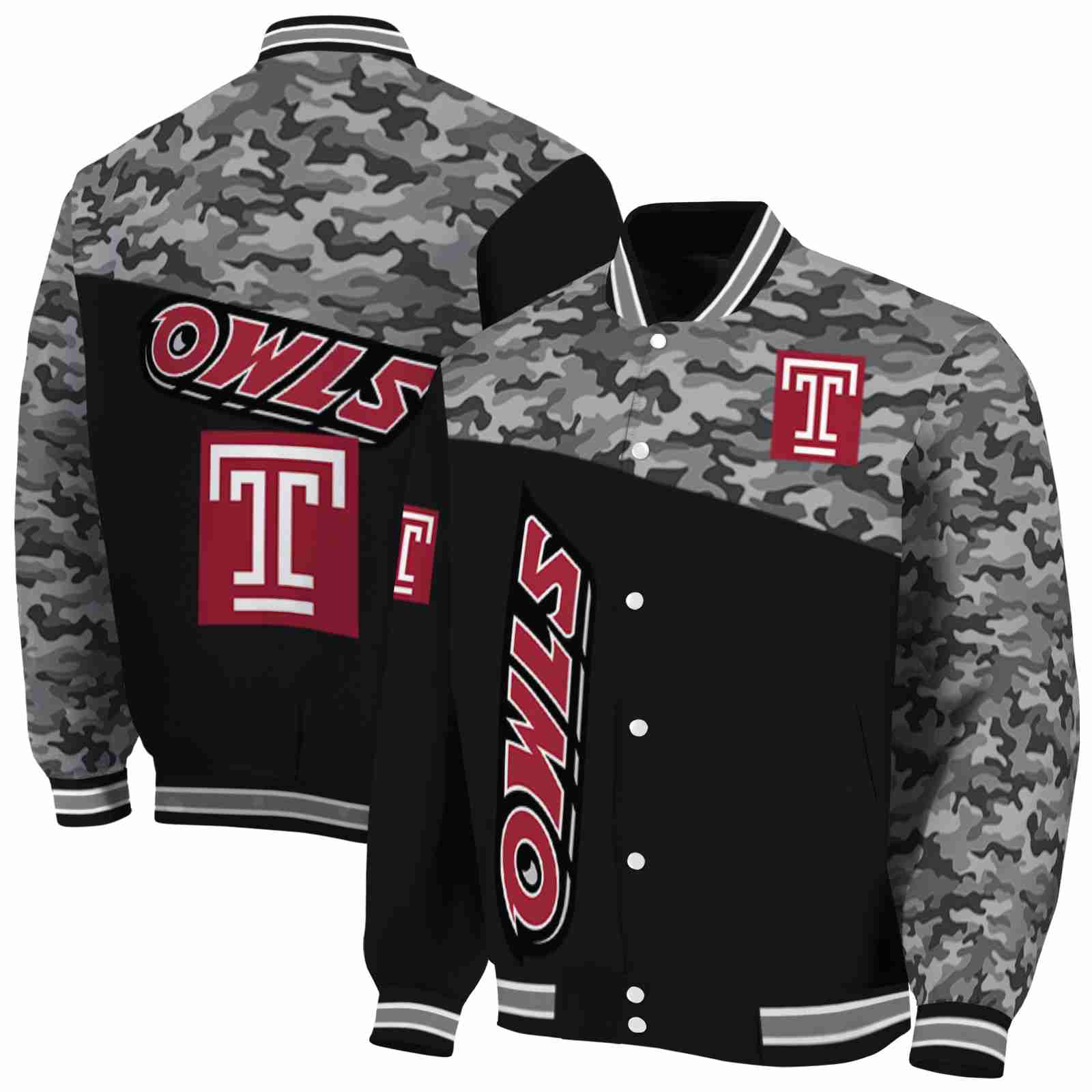 NcaaTemple Owls Camo Patchwork Black Custom Baseball Jacket Sport Fans Gear