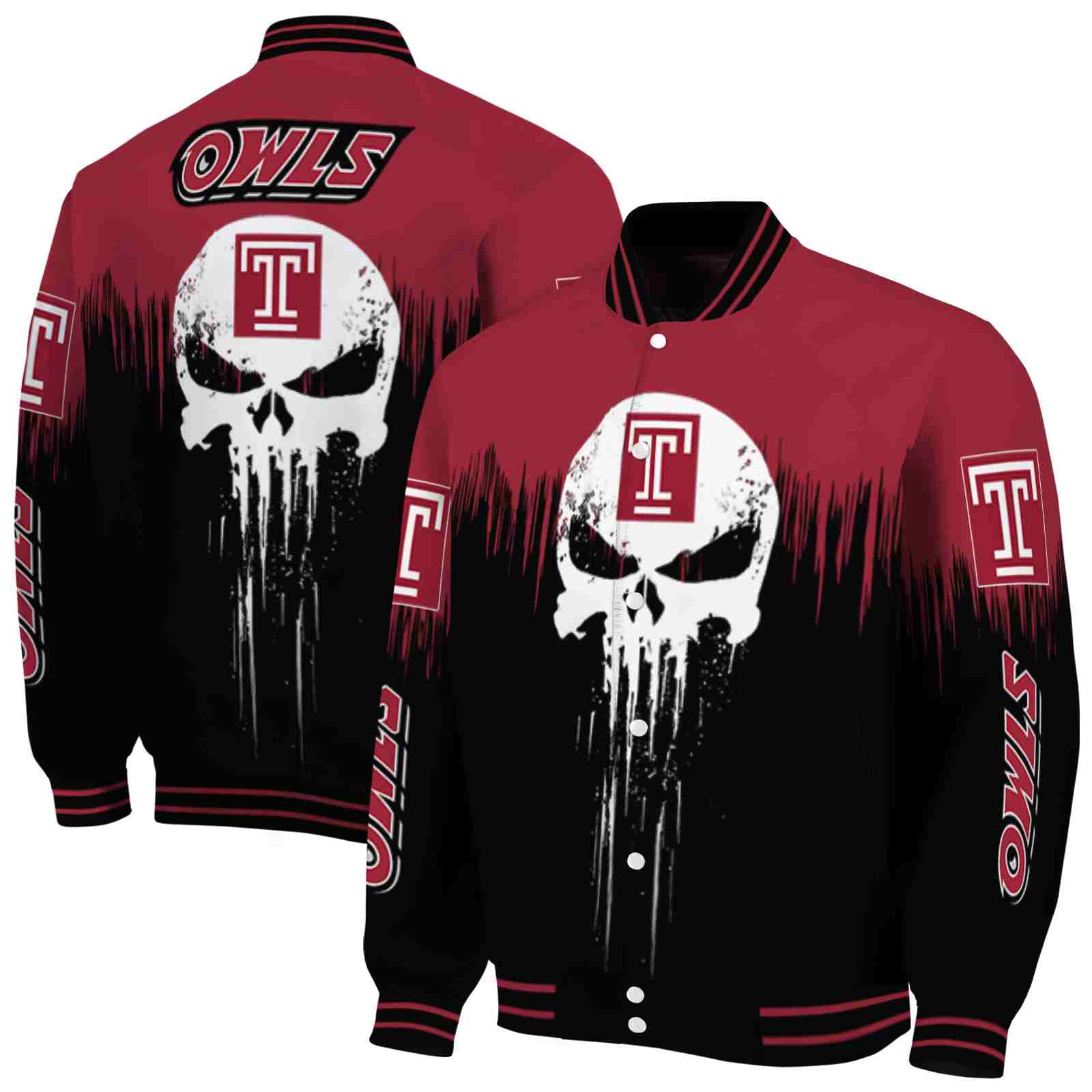 NcaaTemple Owls Punisher Skull Red Black White Custom Baseball Jacket Sport Fans Gear