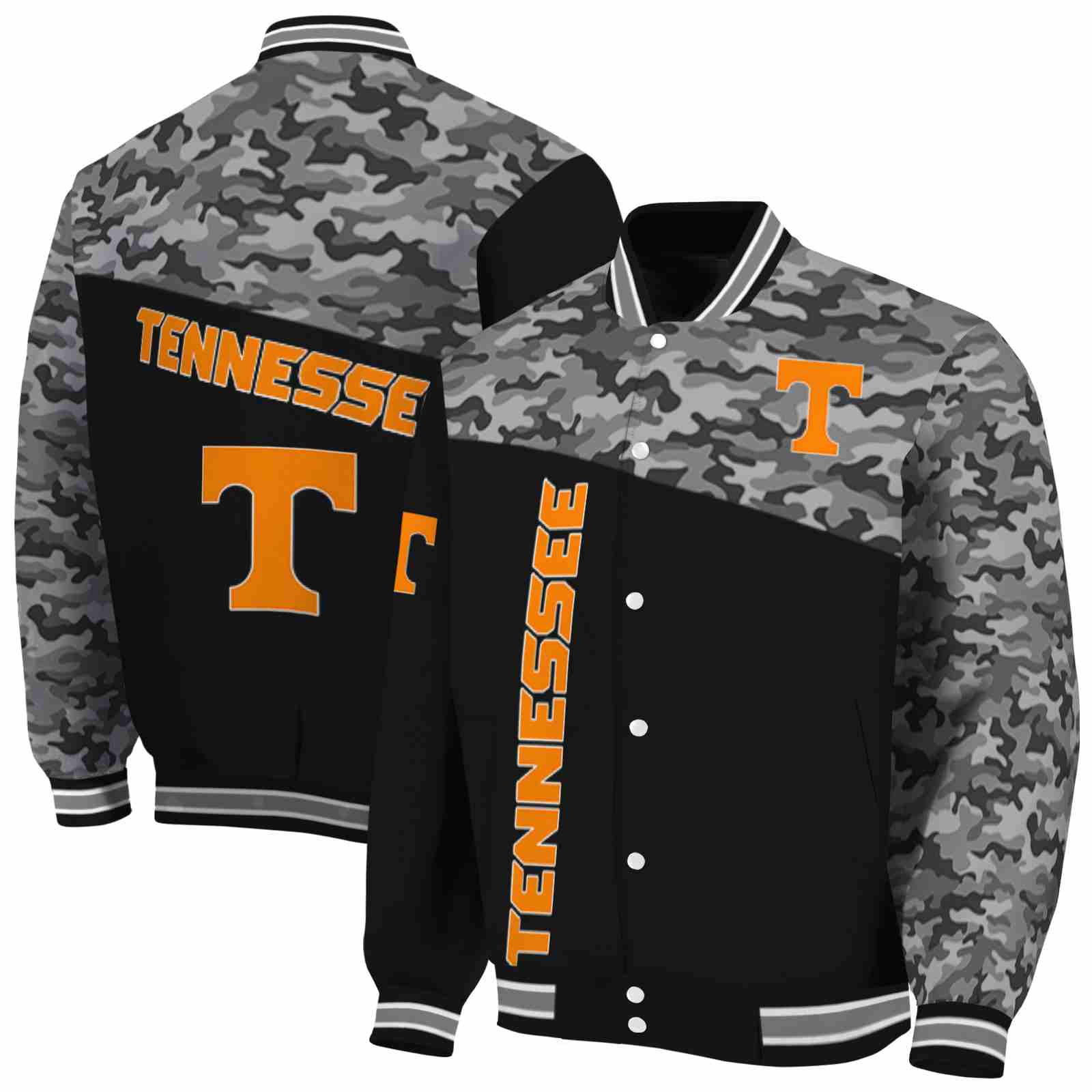 NcaaTennessee Volunteers Camo Patchwork Black Custom Baseball Jacket Sport Fans Gear