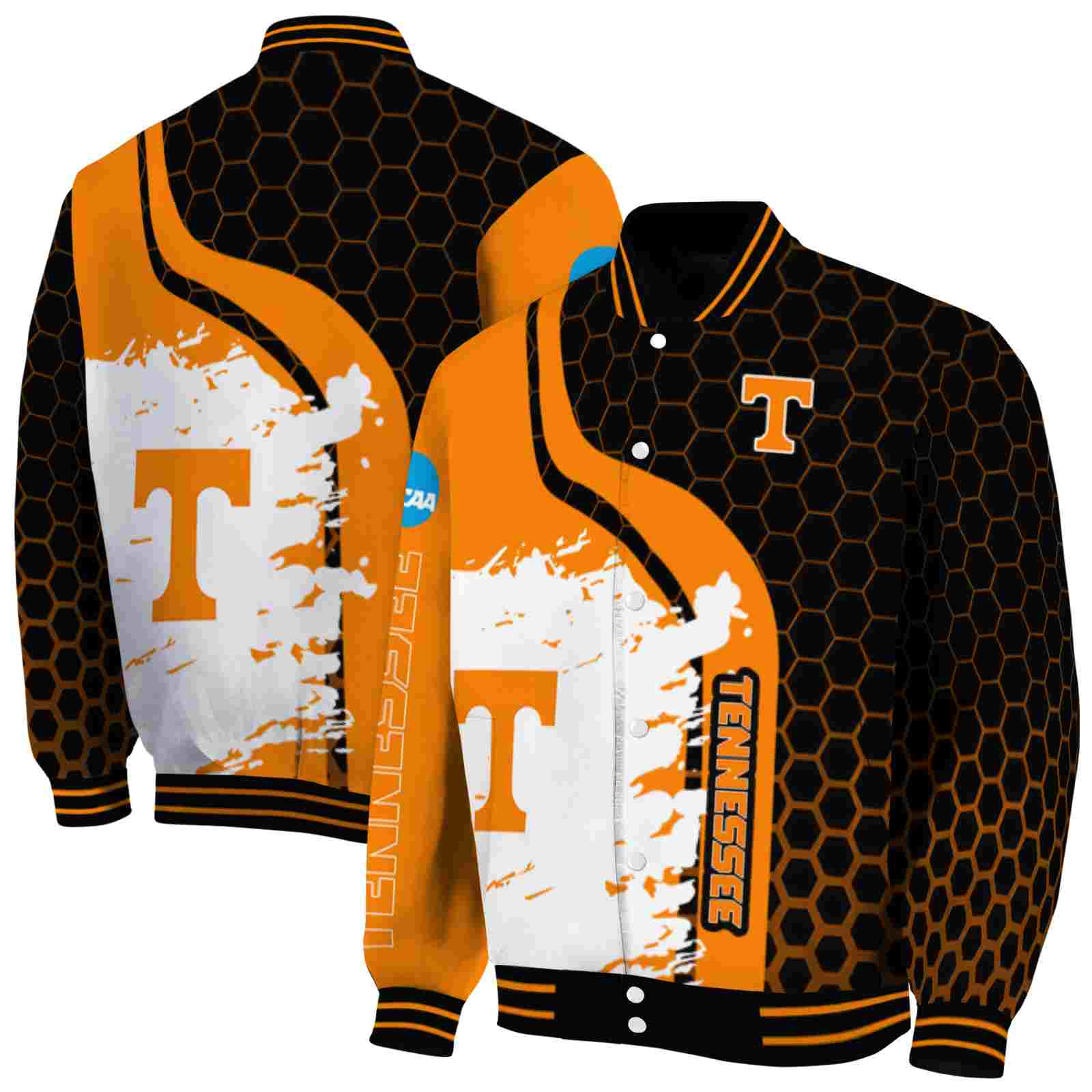 NcaaTennessee Volunteers Hexagonal Pattern Orange Black Custom Baseball Jacket Sport Fans Gear
