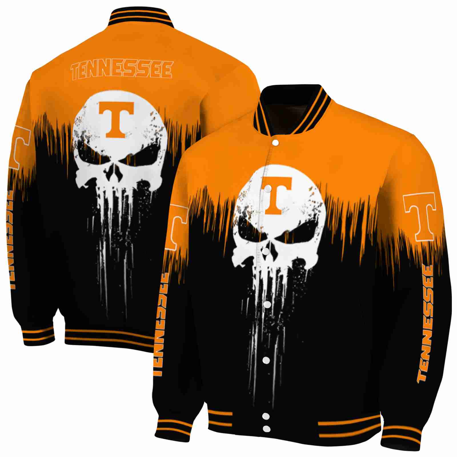 NcaaTennessee Volunteers Punisher Skull Orange Black White Custom Baseball Jacket Sport Fans Gear