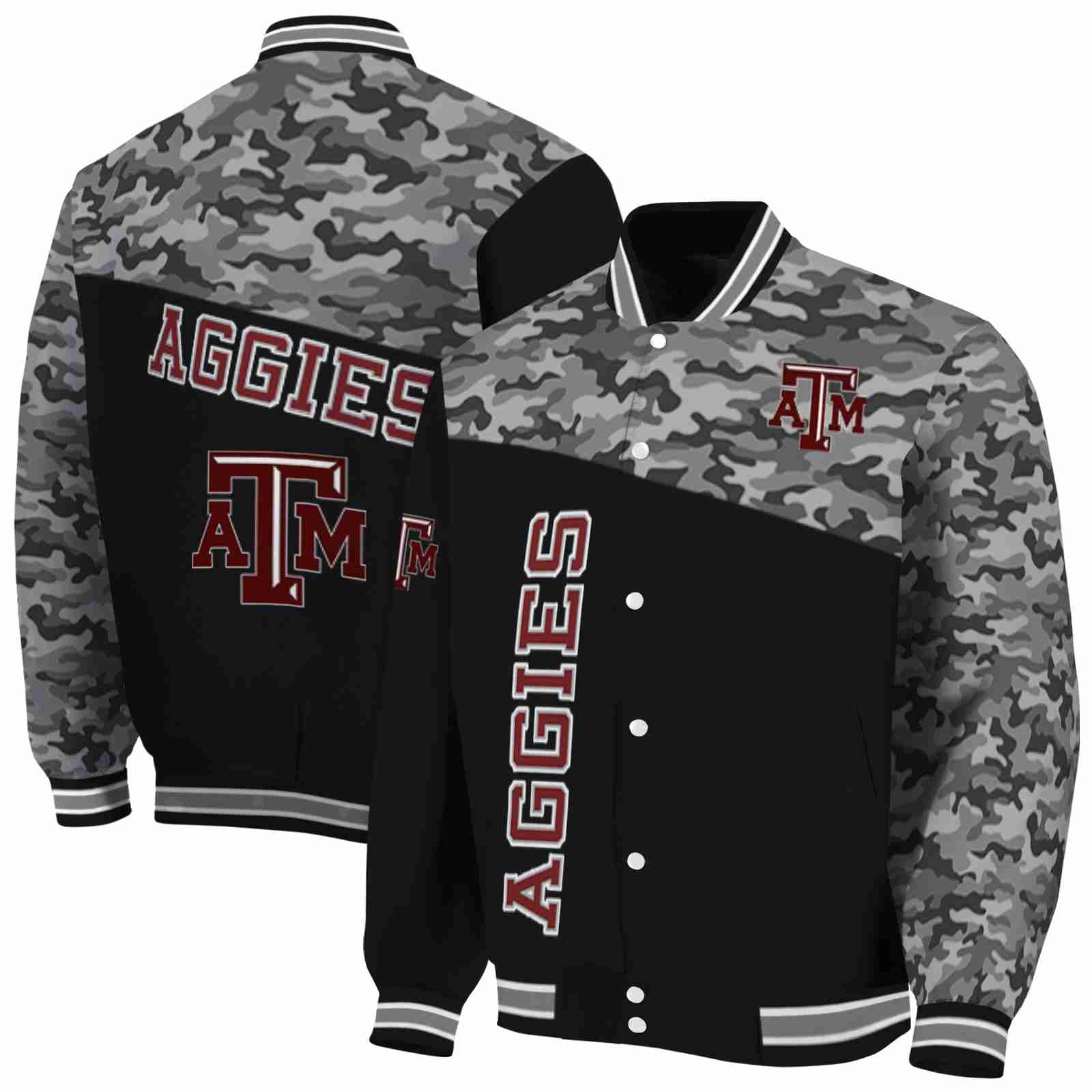 NcaaTexas A&M Aggies Camo Patchwork Black Custom Baseball Jacket Sport Fans Gear