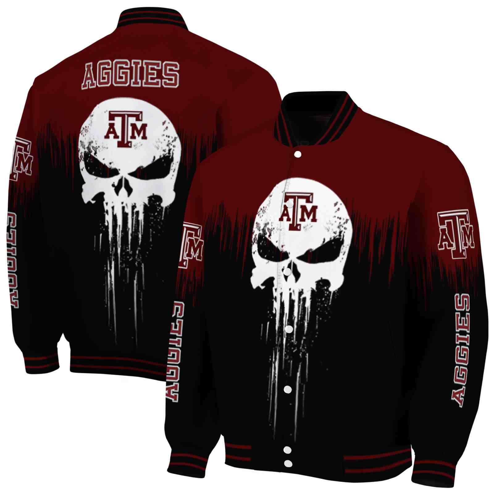 NcaaTexas A&M Aggies Punisher Skull Maroon Black White Custom Baseball Jacket Sport Fans Gear