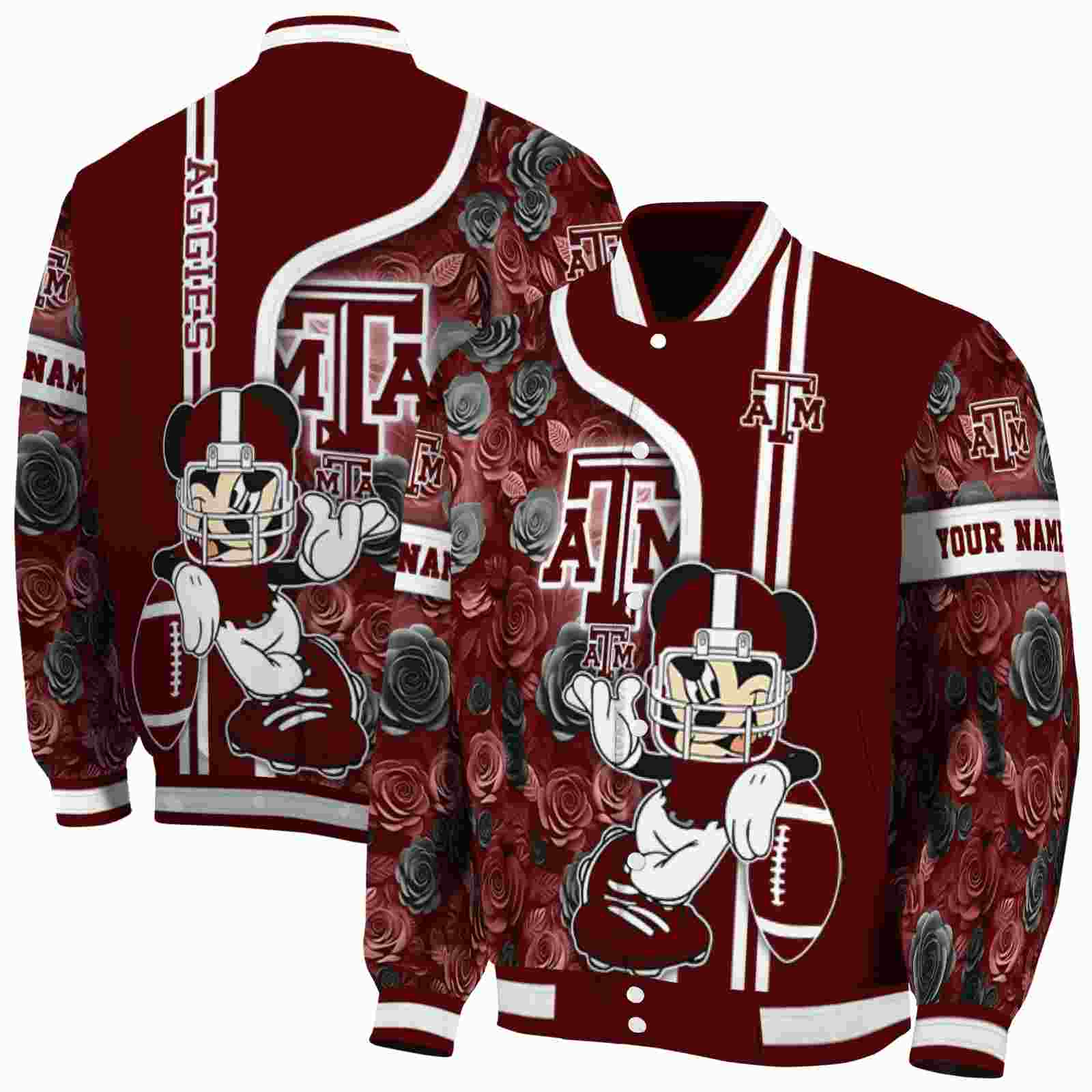 NcaaTexas A&M Aggies Rose Mickey Maroon Custom Baseball Jacket Sport Fans Gear