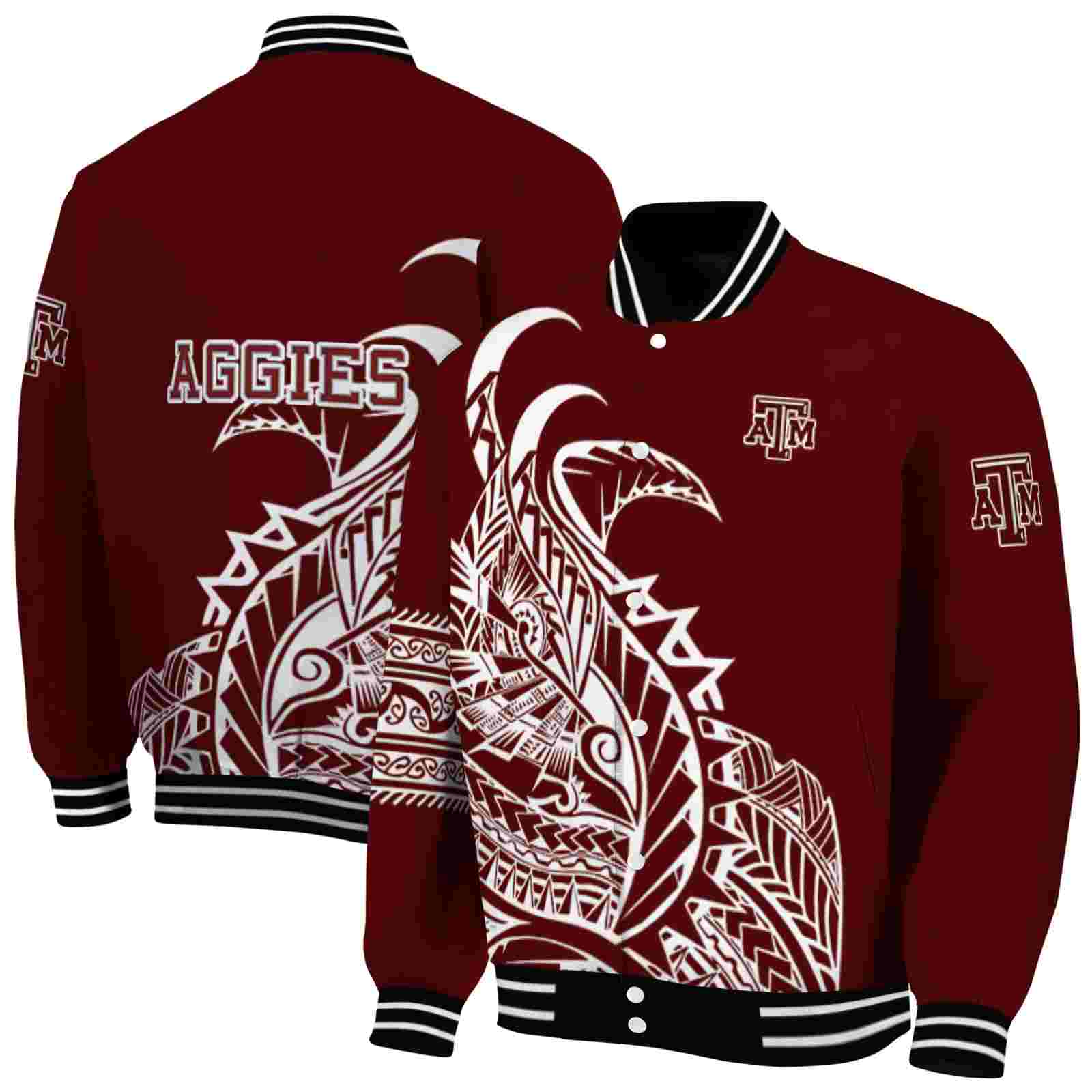 NcaaTexas A&M Aggies Tribal Art Maroon White Black Custom Baseball Jacket Sport Fans Gear