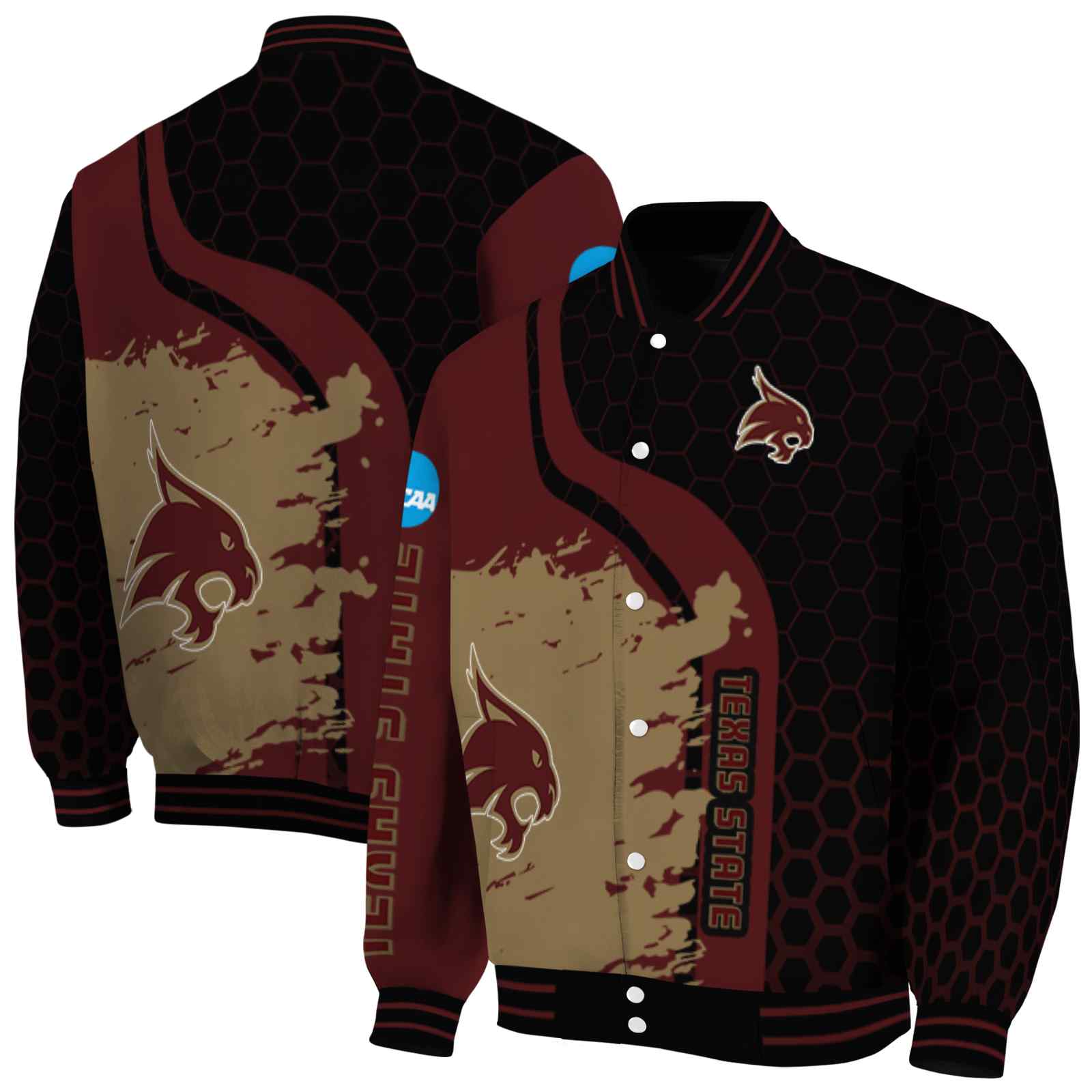 NcaaTexas State Bobcats Hexagonal Pattern Maroon Black Custom Baseball Jacket Sport Fans Gear