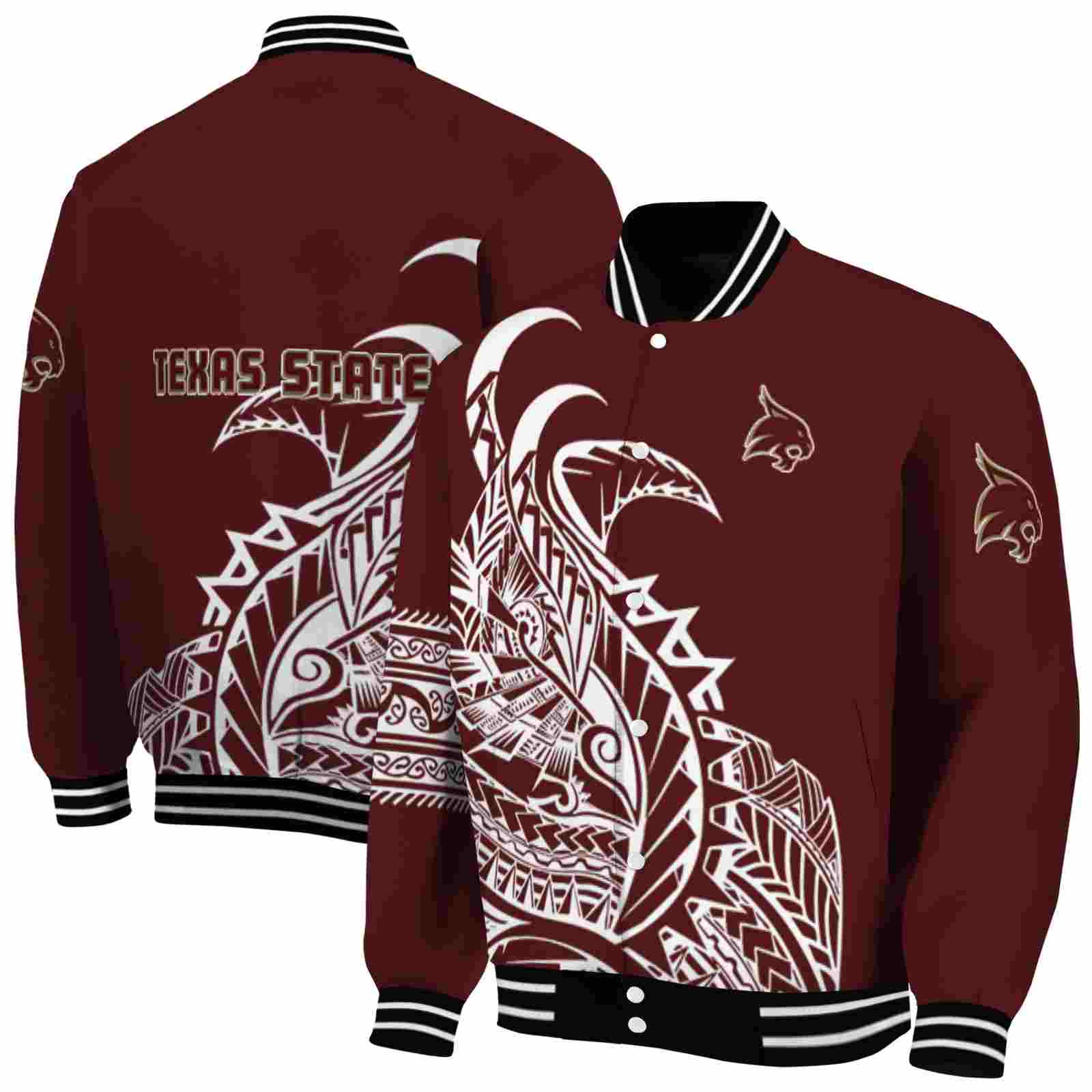 NcaaTexas State Bobcats Tribal Art Maroon White Black Custom Baseball Jacket Sport Fans Gear
