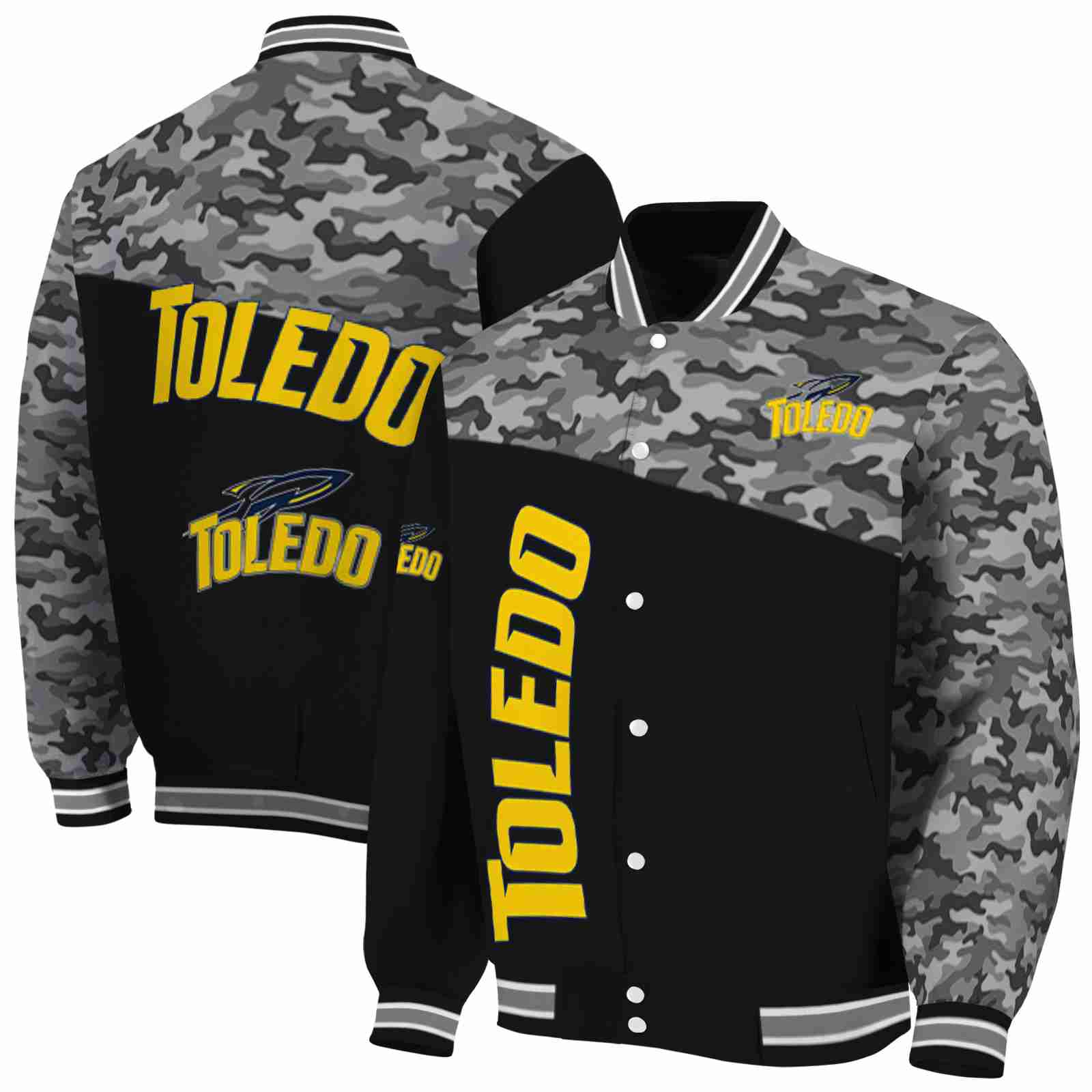 NcaaToledo Rockets Camo Patchwork Black Custom Baseball Jacket Sport Fans Gear