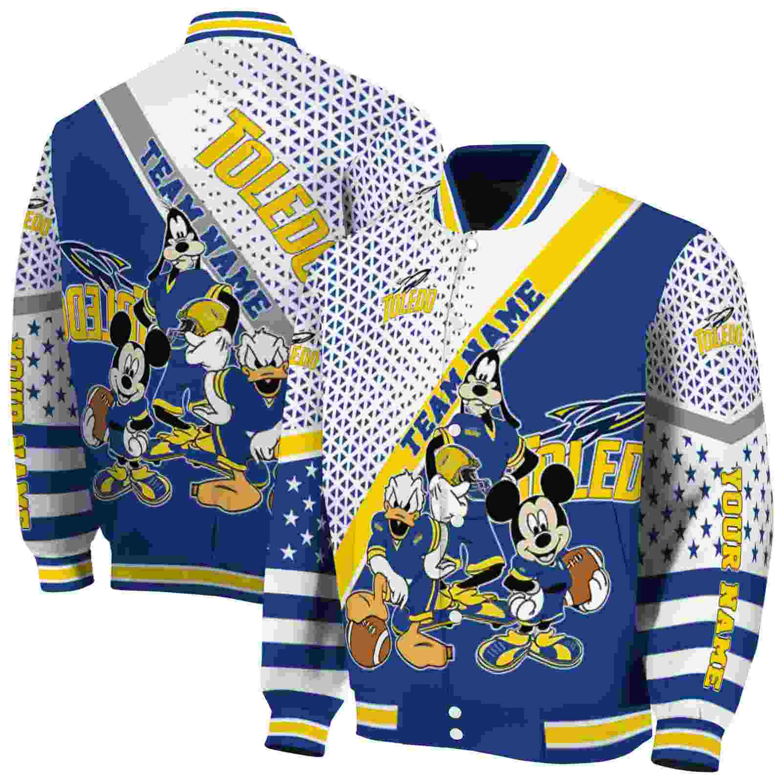 NcaaToledo Rockets Mickey Donald Goofy Blue White Custom Baseball Jacket Sport Fans Gear