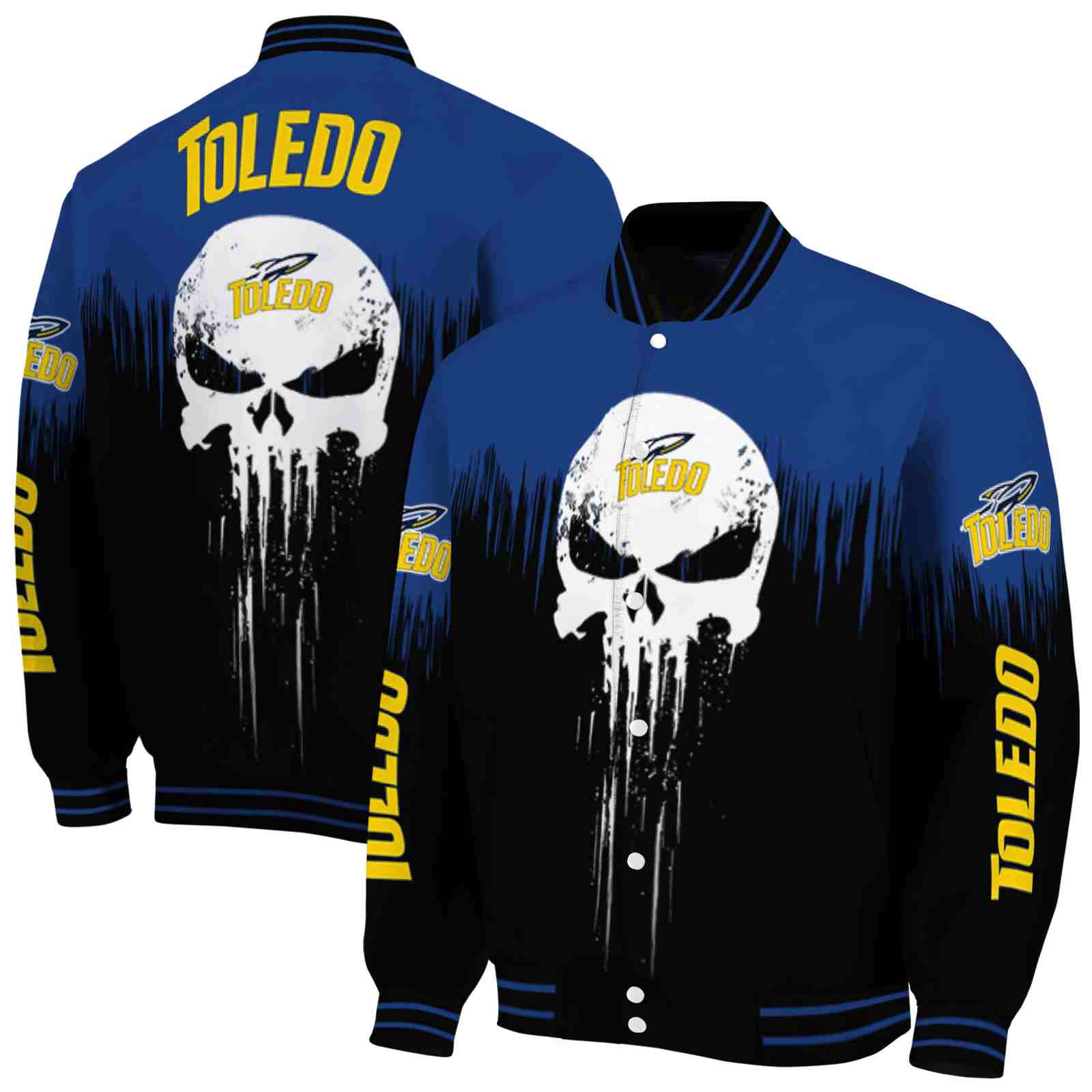 NcaaToledo Rockets Punisher Skull Blue Black White Custom Baseball Jacket Sport Fans Gear