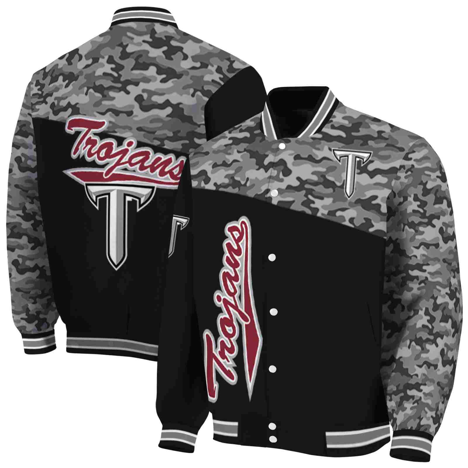 NcaaTroy Trojans Camo Patchwork Black Custom Baseball Jacket Sport Fans Gear