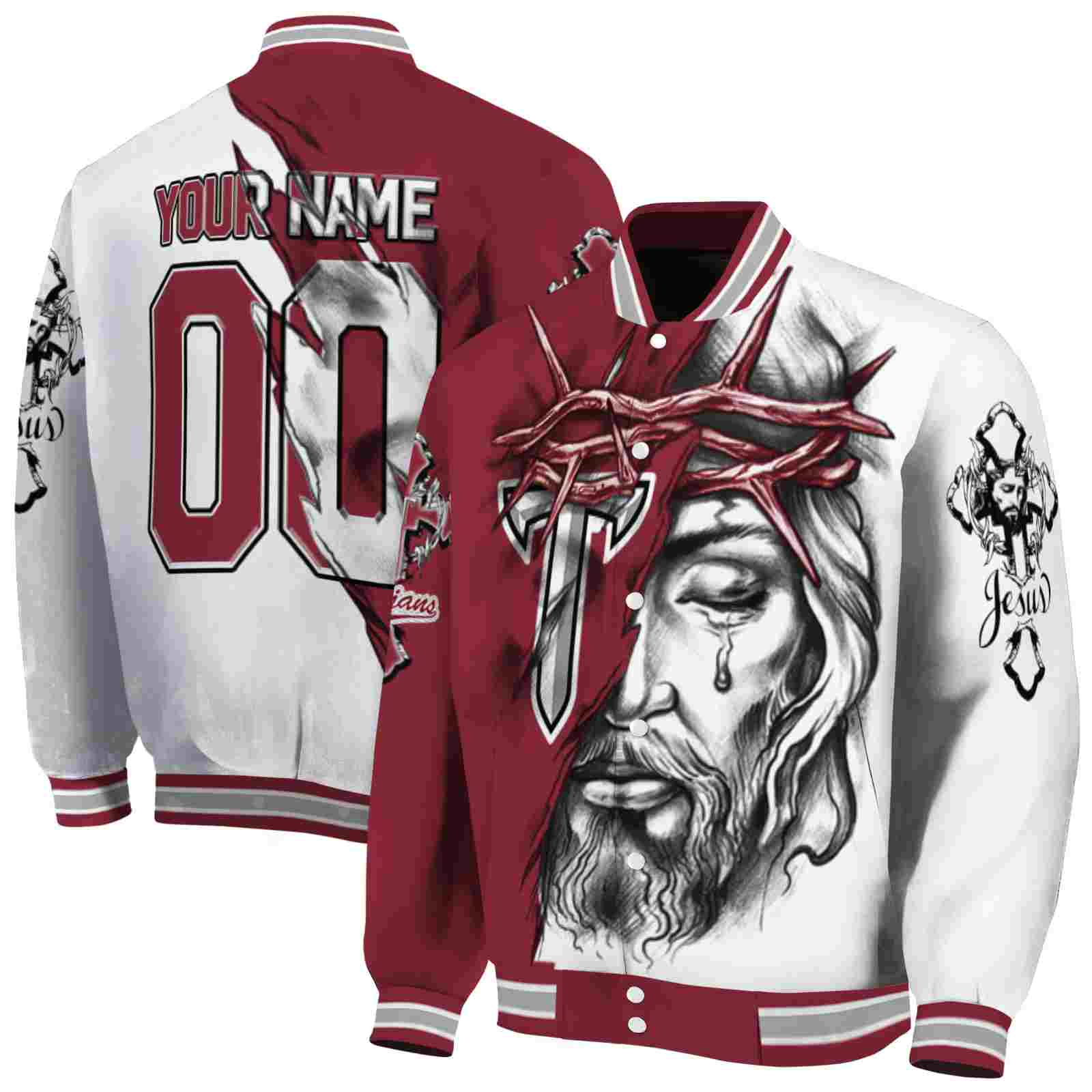 NcaaTroy Trojans Jesus Tears Red White Custom Baseball Jacket Sport Fans Gear