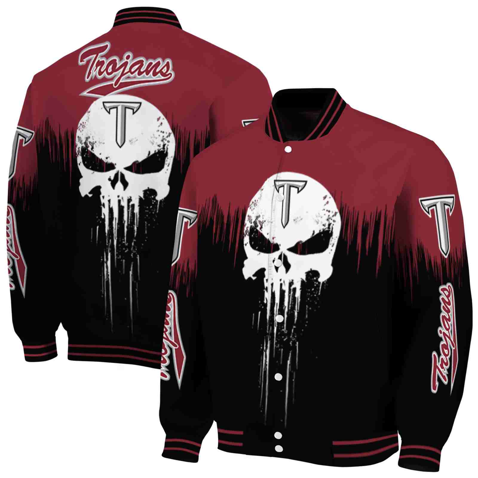 NcaaTroy Trojans Punisher Skull Red Black White Custom Baseball Jacket Sport Fans Gear