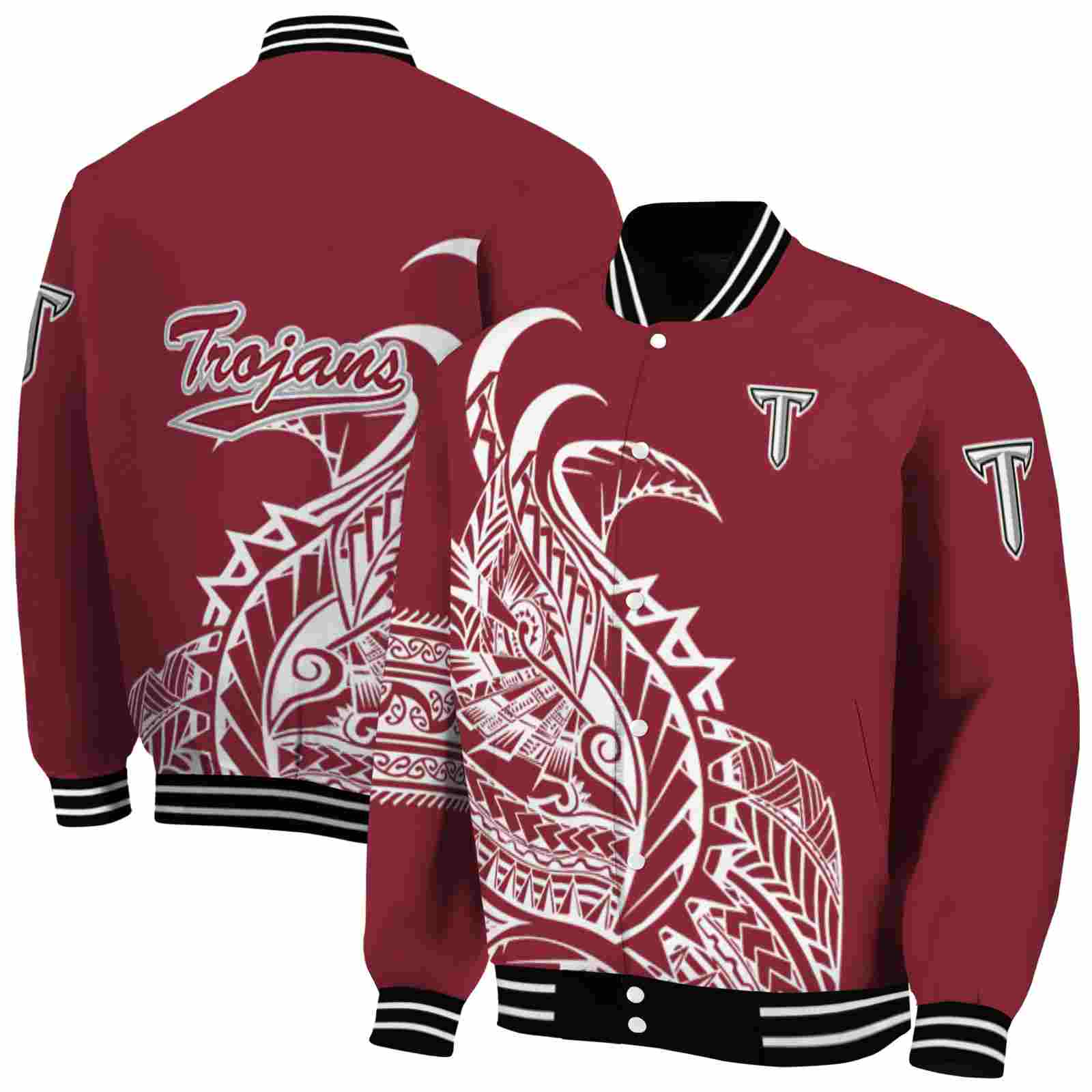 NcaaTroy Trojans Tribal Art Red White Black Custom Baseball Jacket Sport Fans Gear