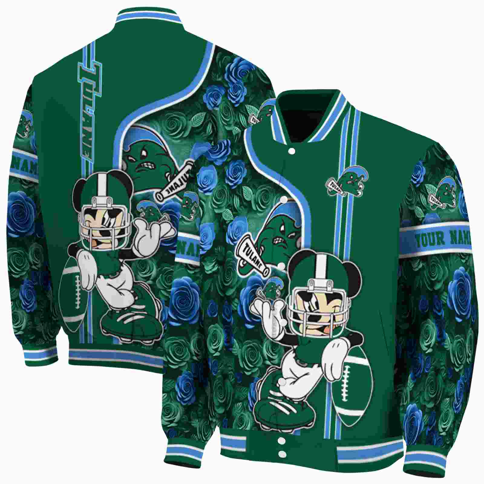 NcaaTulane Green Wave Rose Mickey Green Custom Baseball Jacket Sport Fans Gear