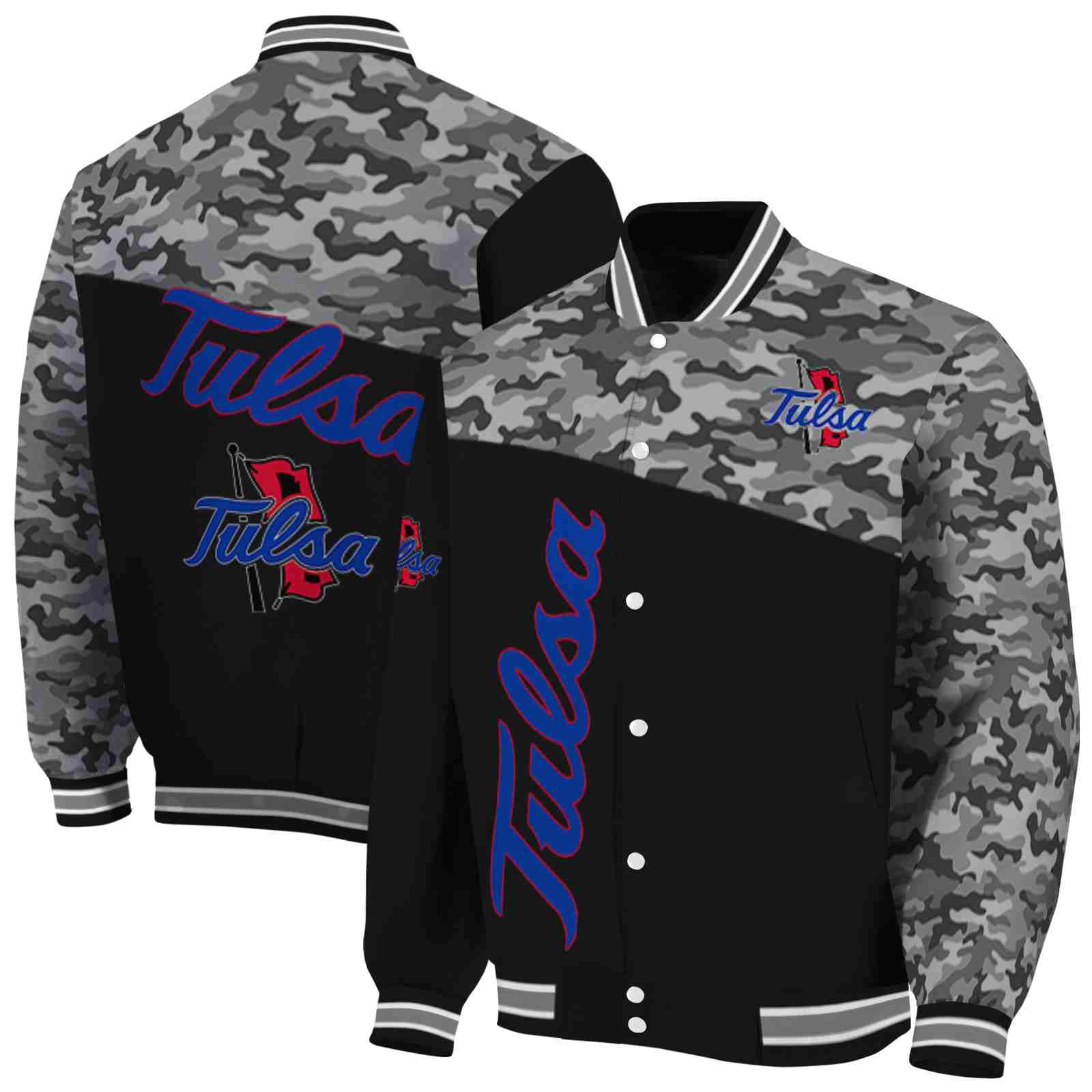 NcaaTulsa Golden Hurricane Camo Patchwork Black Custom Baseball Jacket Sport Fans Gear