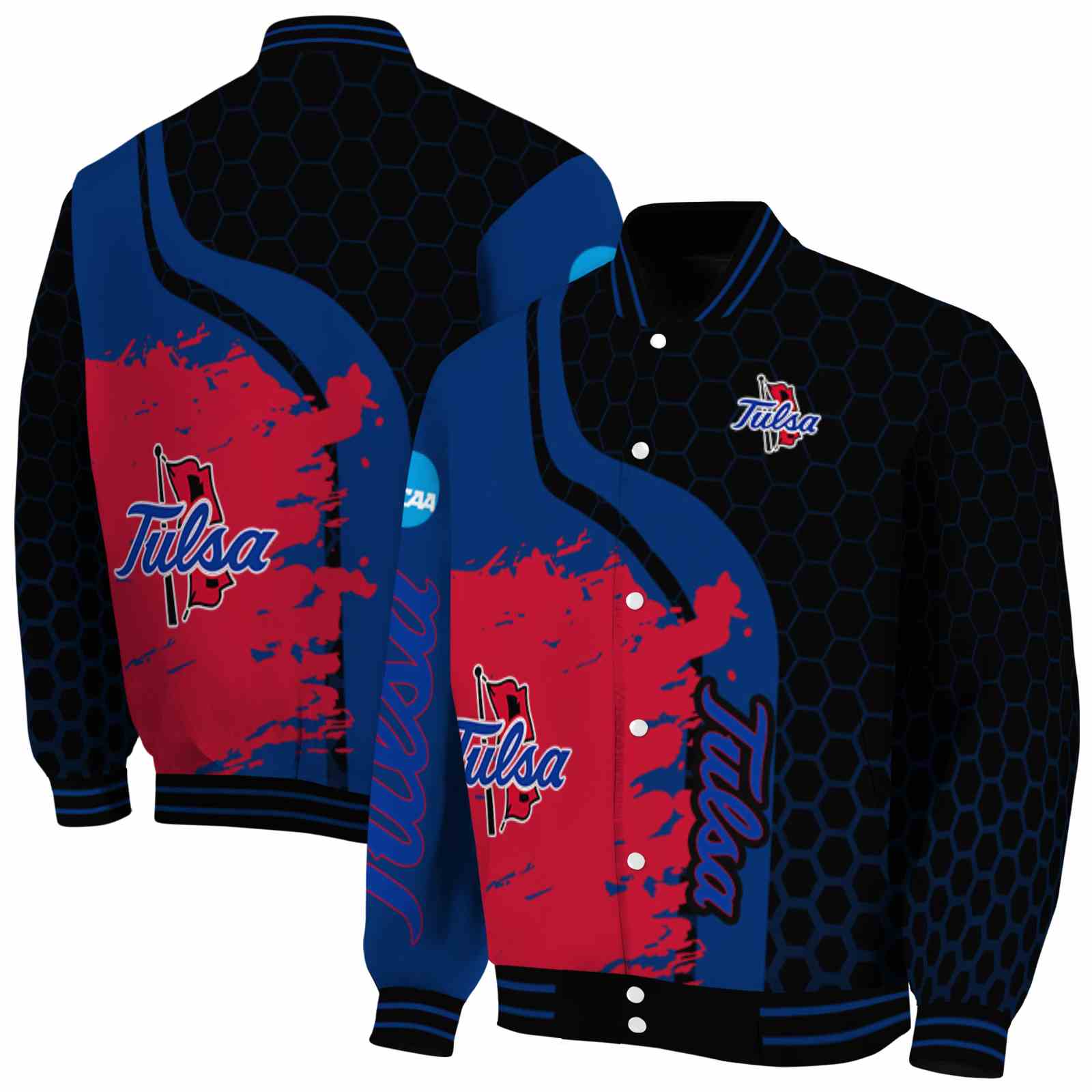 NcaaTulsa Golden Hurricane Hexagonal Pattern Blue Black Custom Baseball Jacket Sport Fans Gear