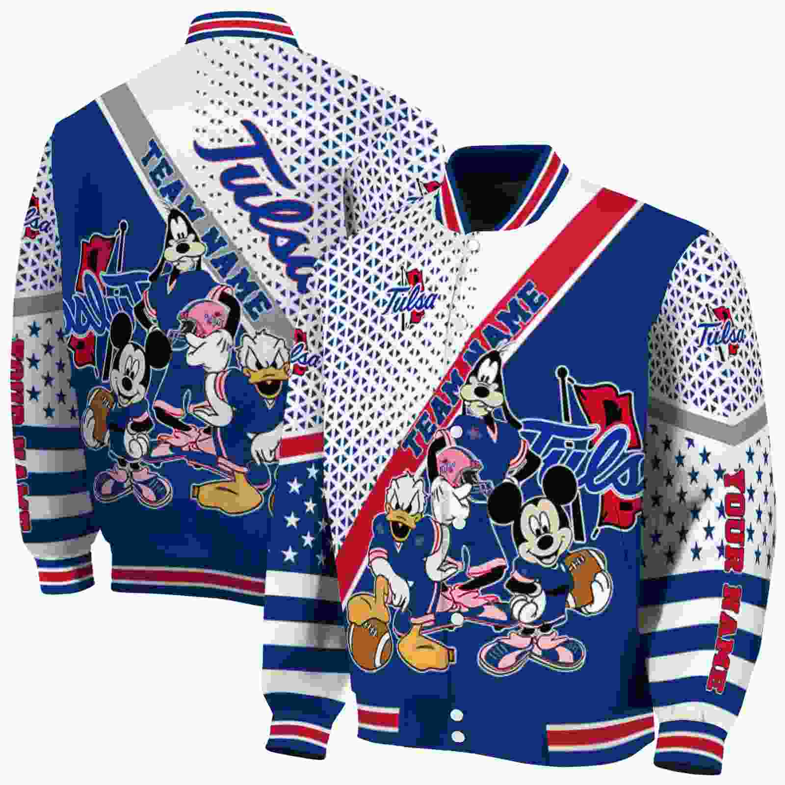 NcaaTulsa Golden Hurricane Mickey Donald Goofy Blue White Custom Baseball Jacket Sport Fans Gear