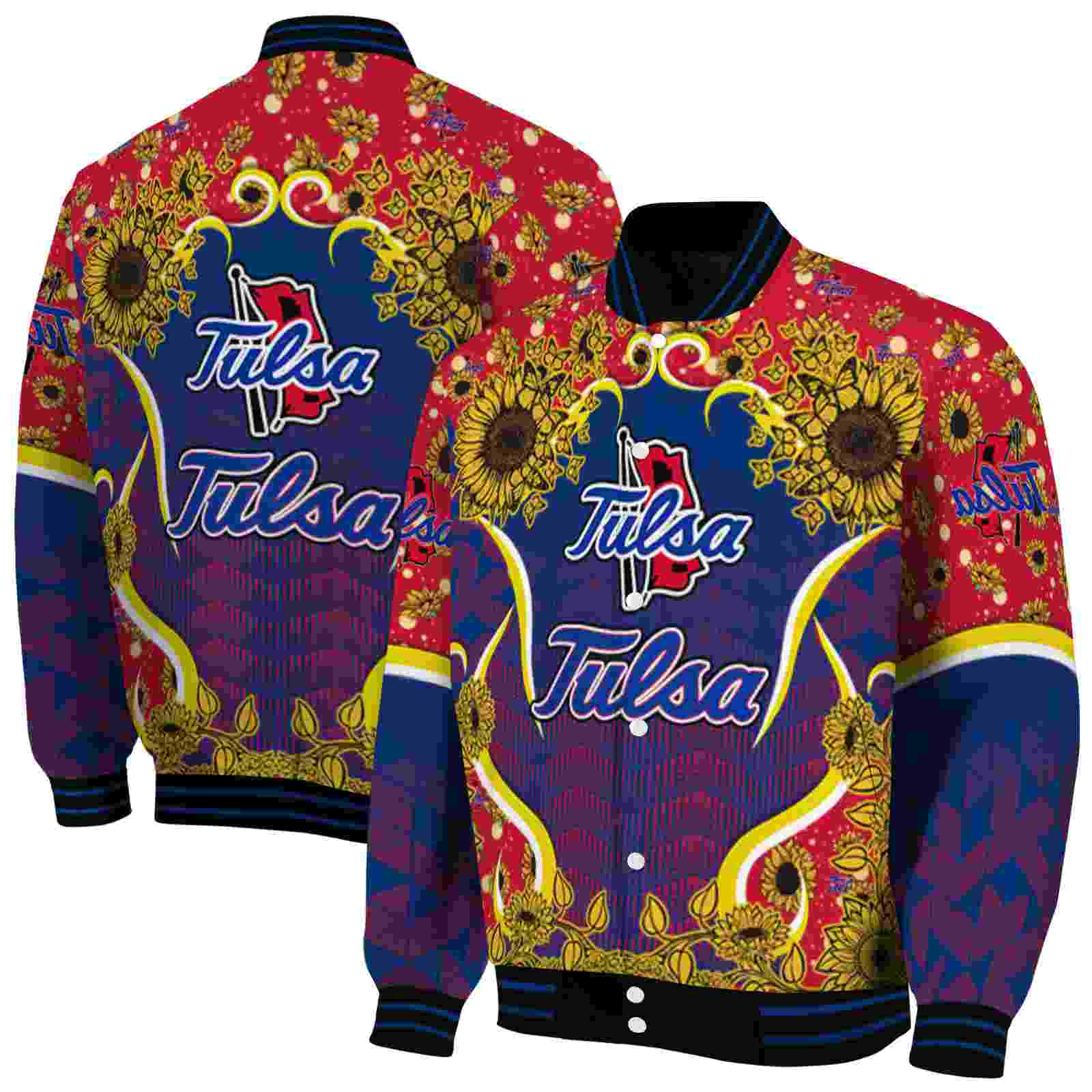 NcaaTulsa Golden Hurricane SuNFL ower Bloom Blue Yellow Custom Baseball Jacket Sport Fans Gear