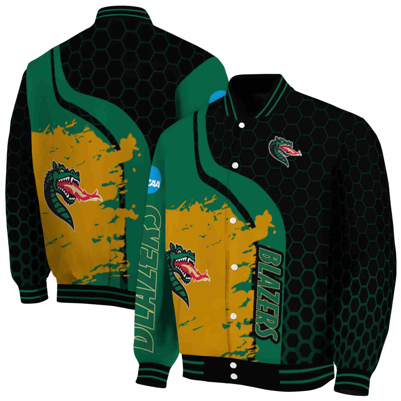 NcaaUAB Blazers Hexagonal Pattern Green Black Custom Baseball Jacket Sport Fans Gear
