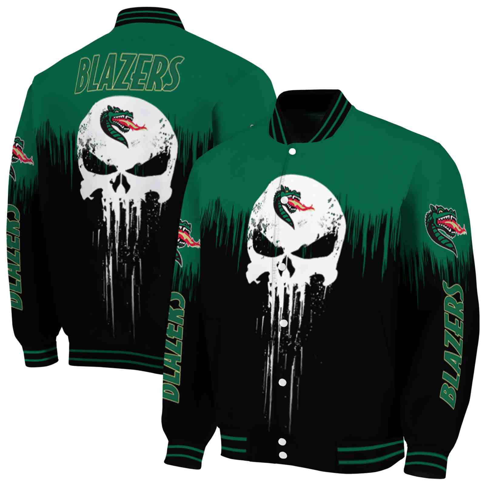 NcaaUAB Blazers Punisher Skull Green Black White Custom Baseball Jacket Sport Fans Gear