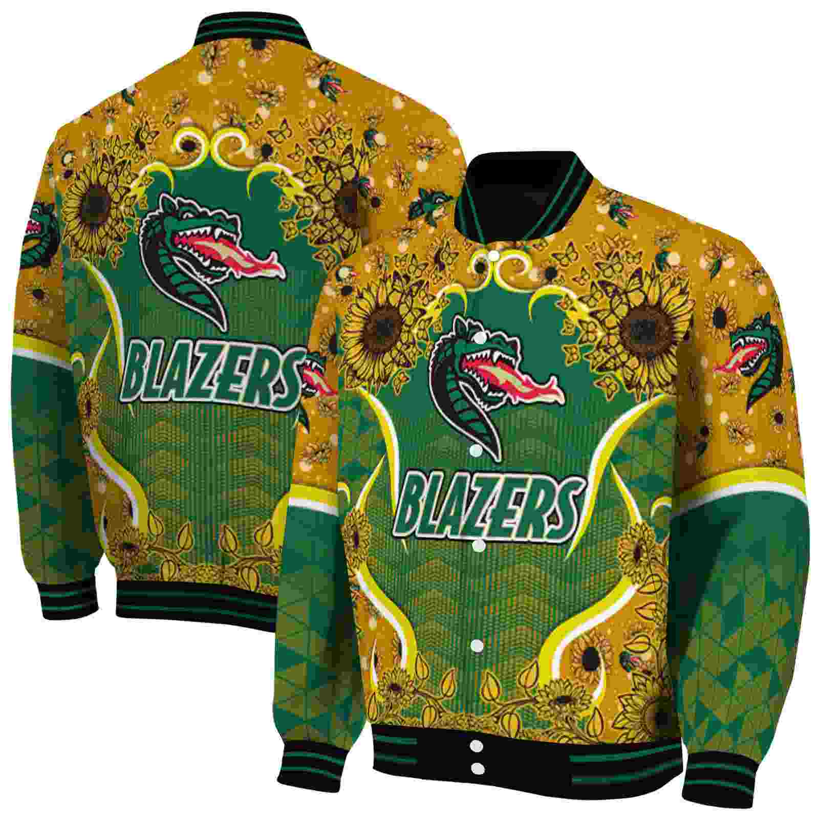 NcaaUAB Blazers SuNFL ower Bloom Green Yellow Custom Baseball Jacket Sport Fans Gear
