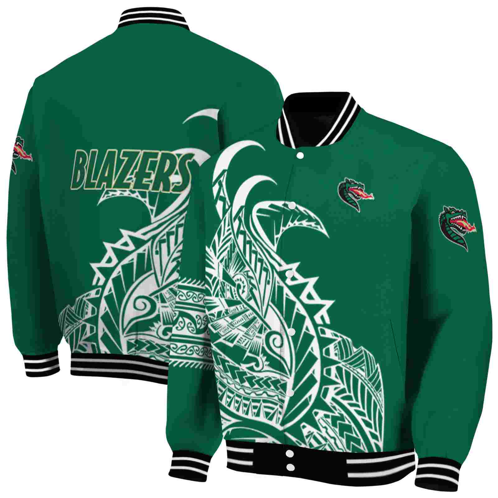 NcaaUAB Blazers Tribal Art Green White Black Custom Baseball Jacket Sport Fans Gear
