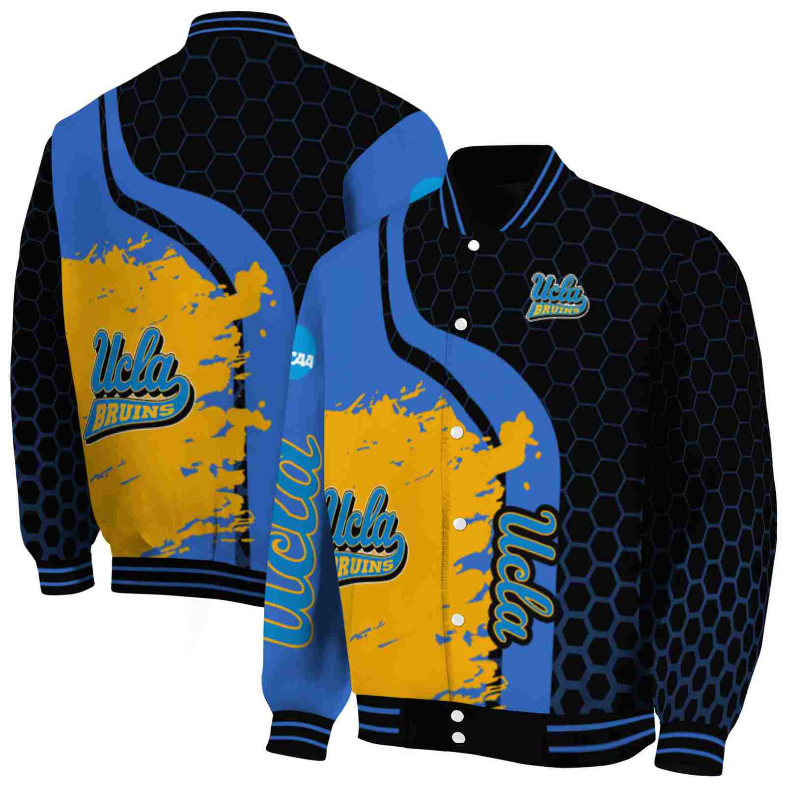 NcaaUCLA Bruins Hexagonal Pattern Blue Black Custom Baseball Jacket Sport Fans Gear