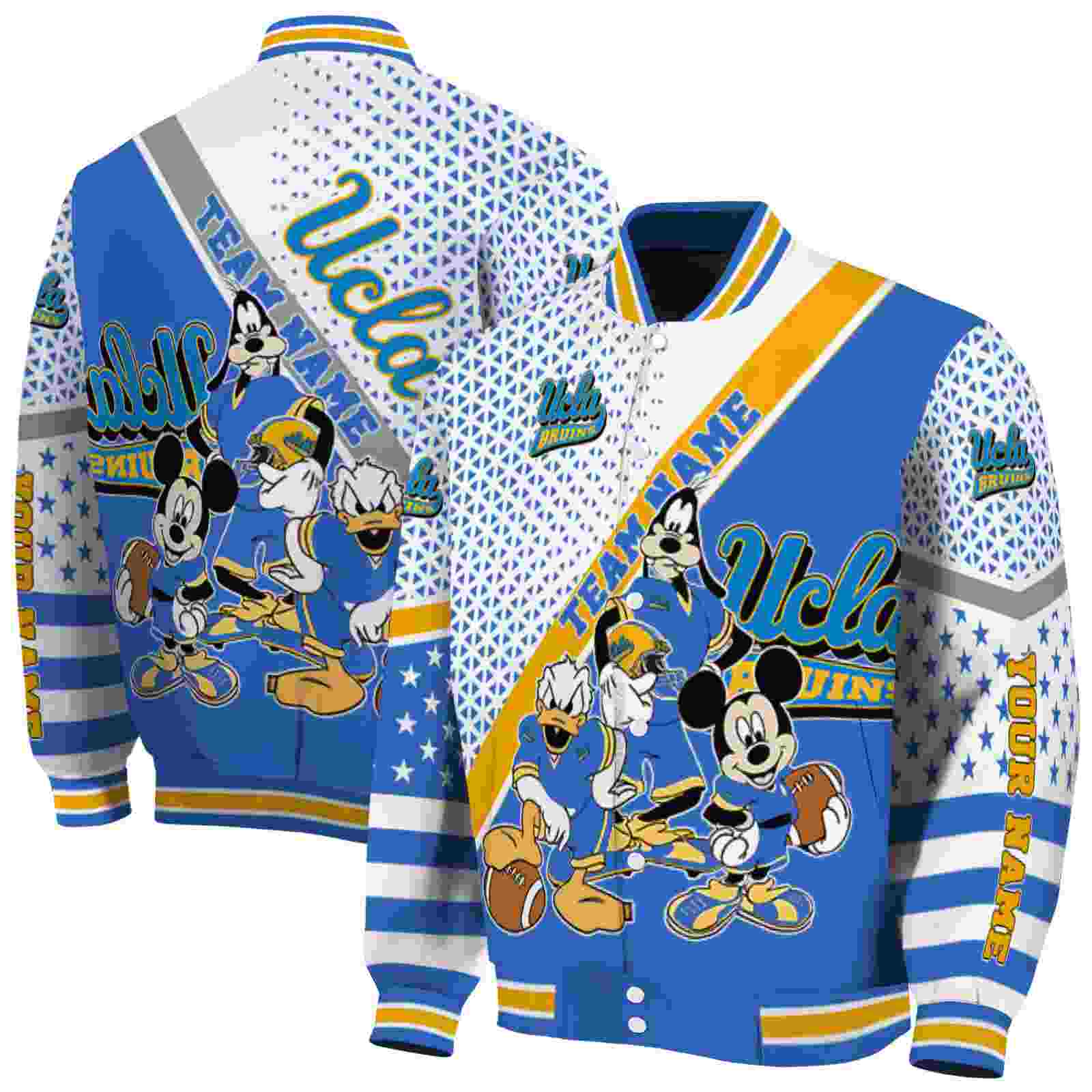 NcaaUCLA Bruins Mickey Donald Goofy Blue White Custom Baseball Jacket Sport Fans Gear