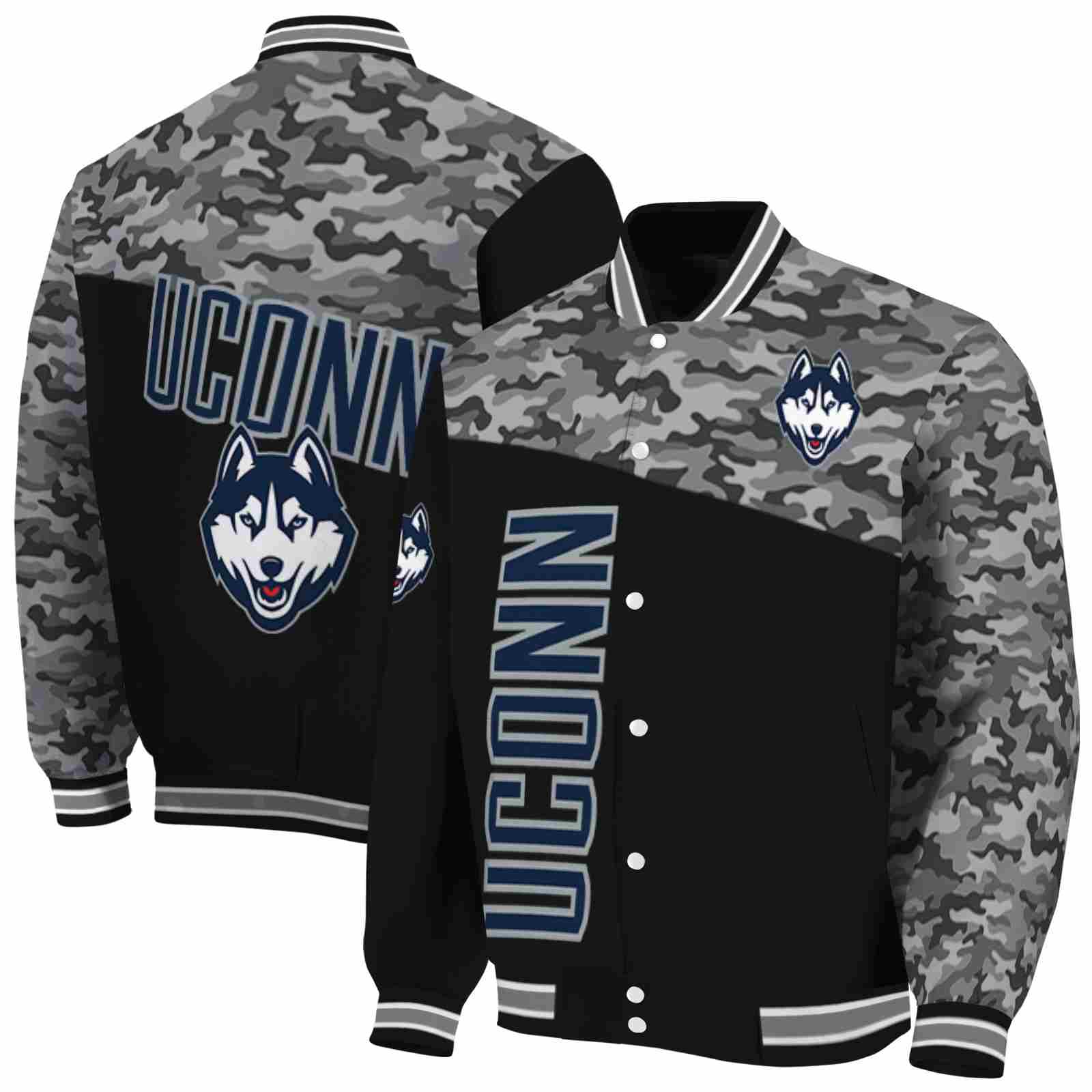 NcaaUConn Huskies Camo Patchwork Black Custom Baseball Jacket Sport Fans Gear
