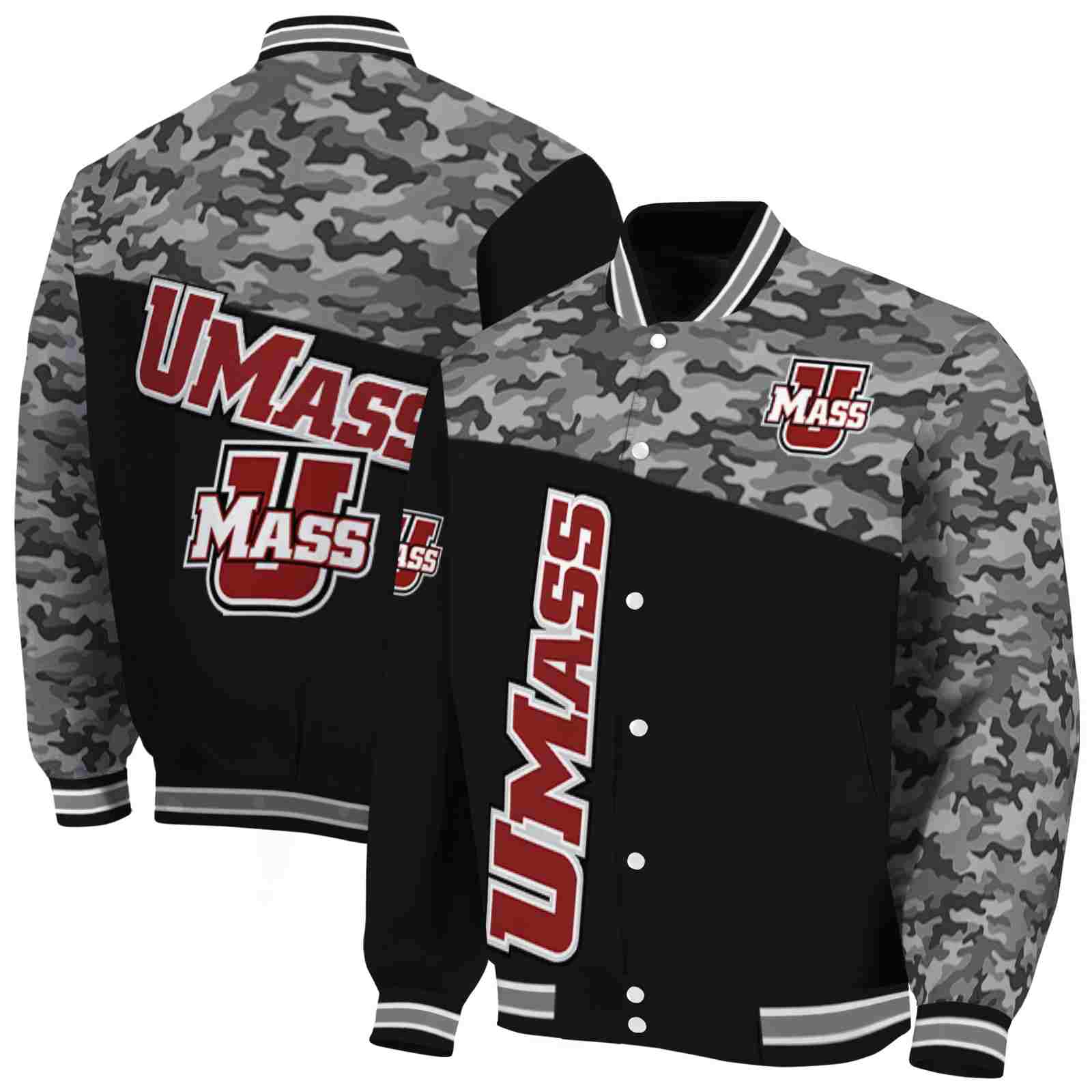 NcaaUMass Minutemen Camo Patchwork Black Custom Baseball Jacket Sport Fans Gear