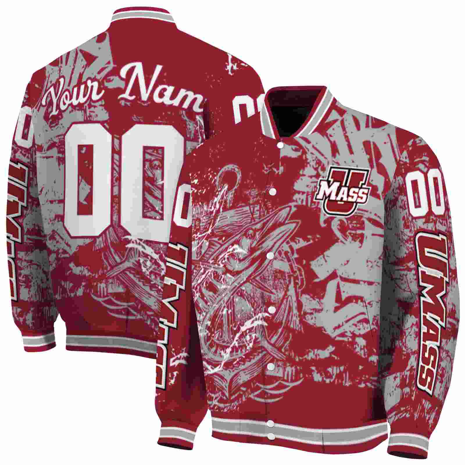 NcaaUMass Minutemen Fishing Art Red Custom Baseball Jacket Sport Fans Gear
