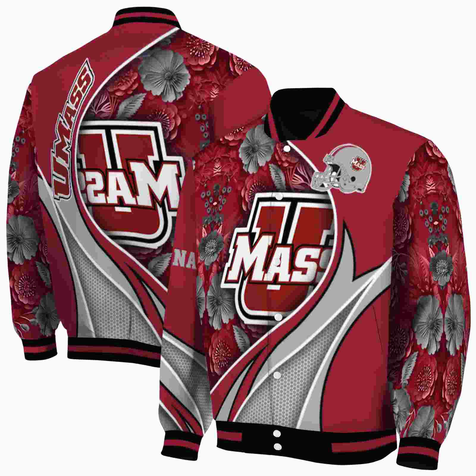 NcaaUMass Minutemen Floral Print Red Custom Baseball Jacket Sport Fans Gear