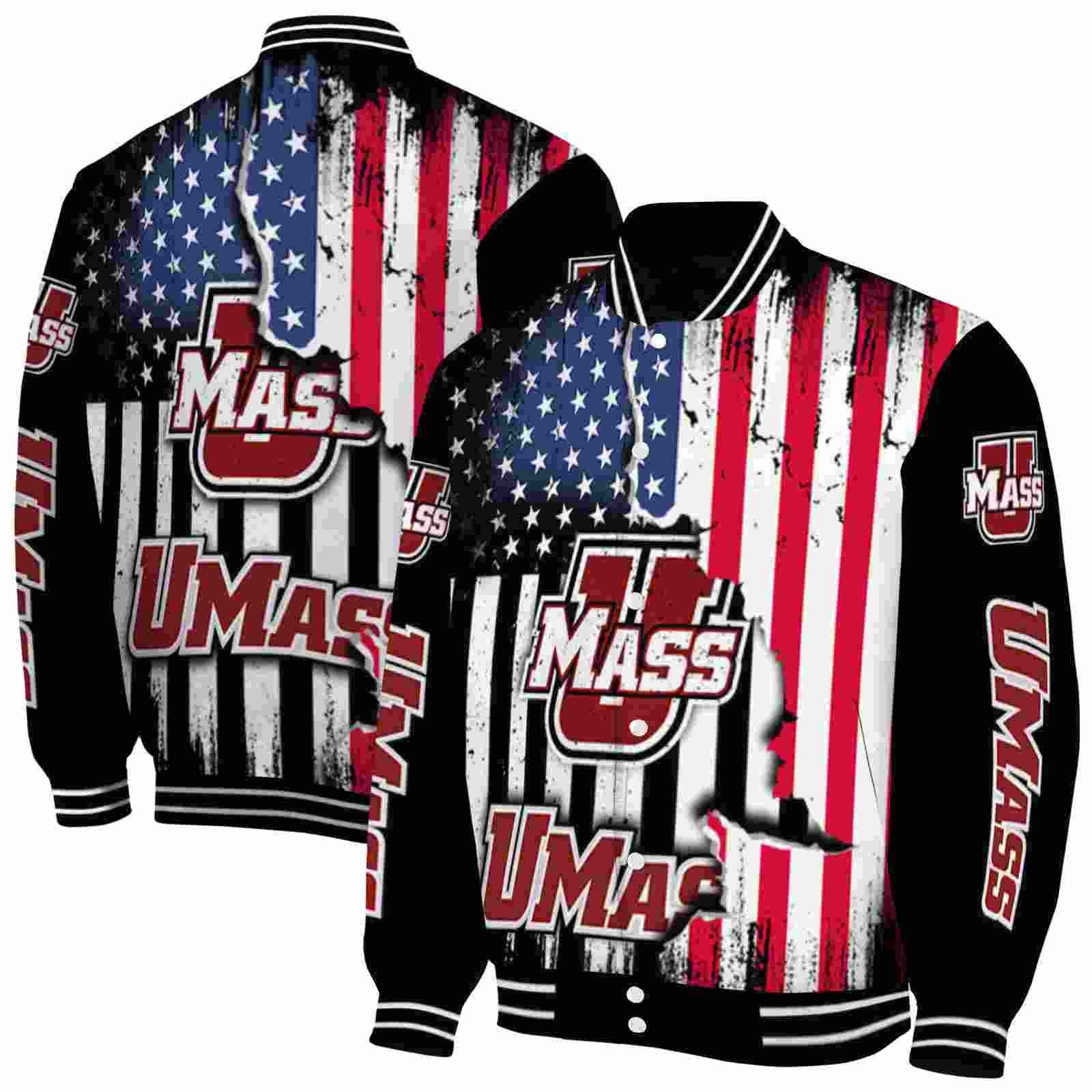 NcaaUMass Minutemen Patriotic Theme Black Custom Baseball Jacket Sport Fans Gear