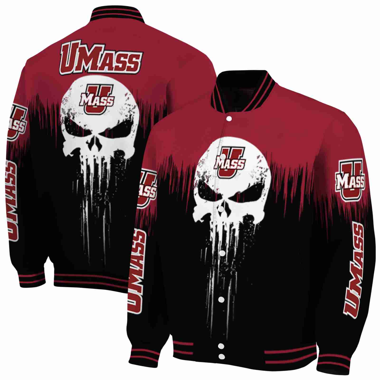 NcaaUMass Minutemen Punisher Skull Red Black White Custom Baseball Jacket Sport Fans Gear