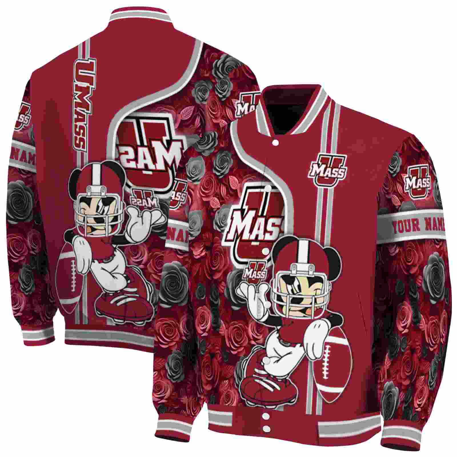 NcaaUMass Minutemen Rose Mickey Red Custom Baseball Jacket Sport Fans Gear