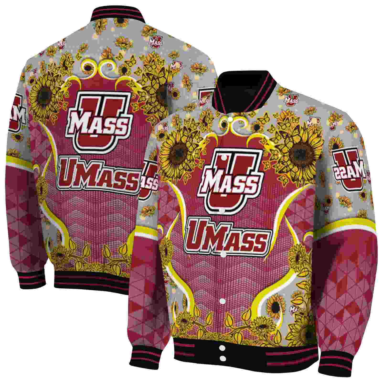 NcaaUMass Minutemen SuNFL ower Bloom Red Yellow Custom Baseball Jacket Sport Fans Gear