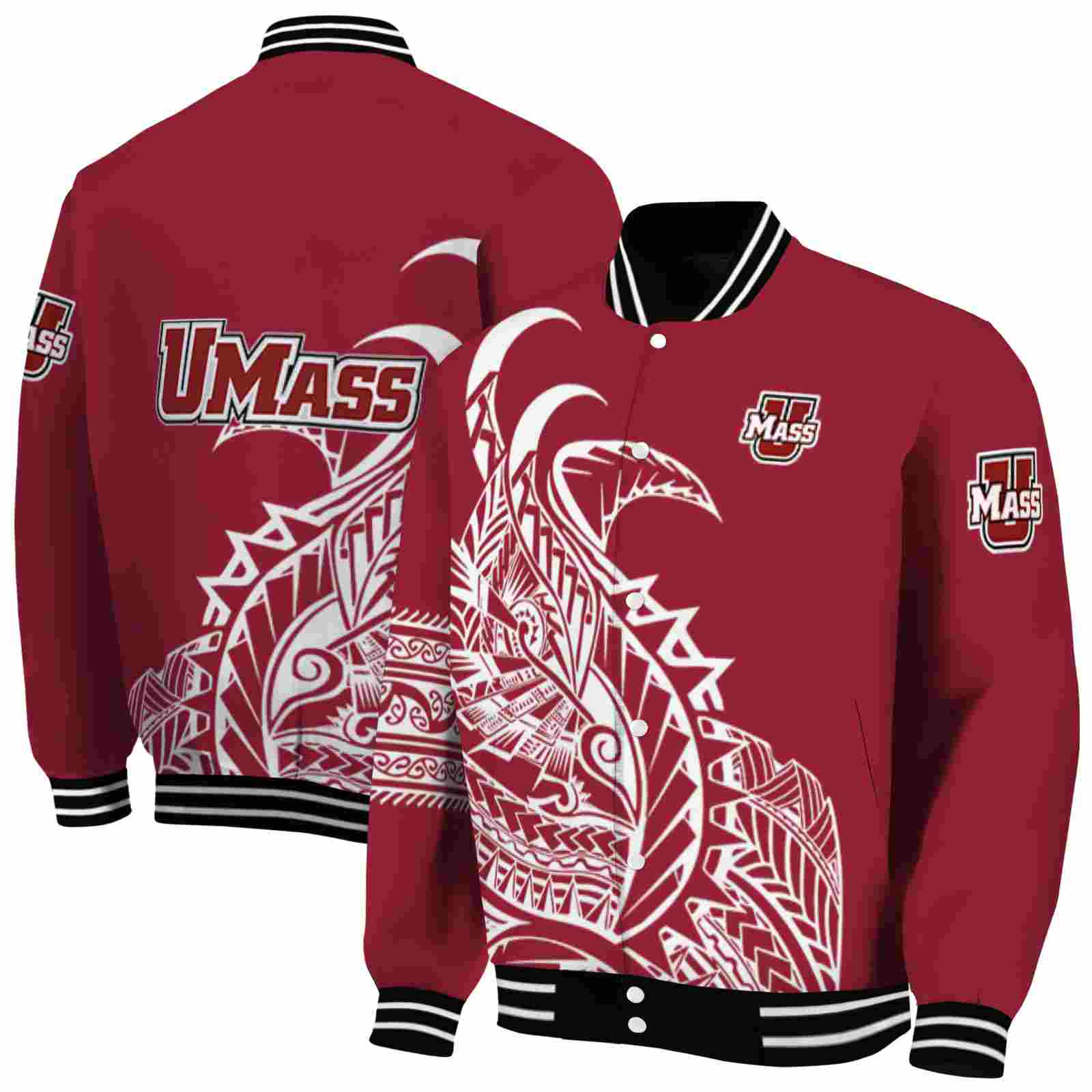 NcaaUMass Minutemen Tribal Art Red White Black Custom Baseball Jacket Sport Fans Gear