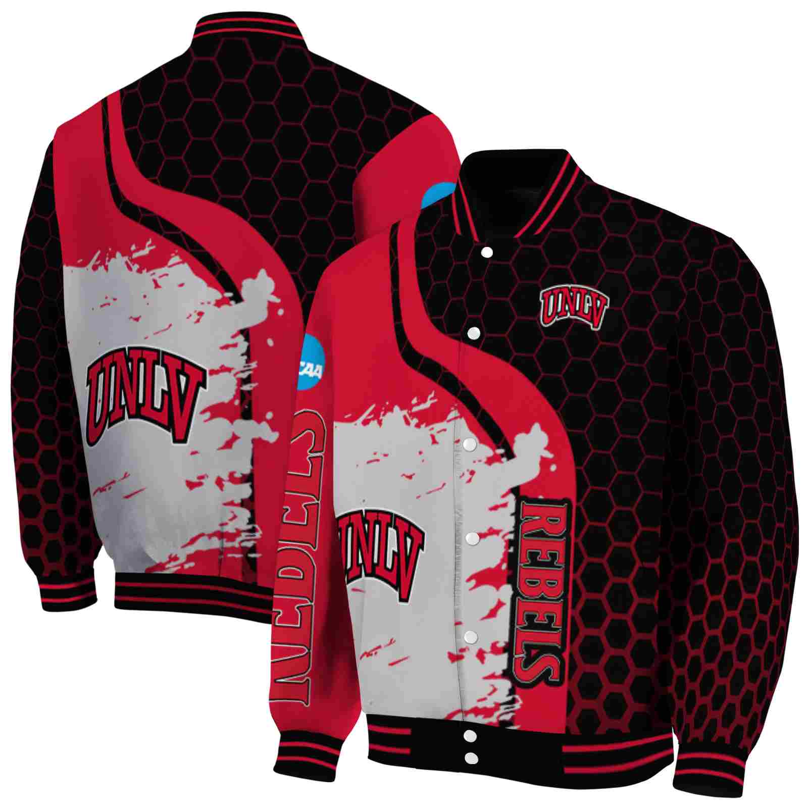 NcaaUNLV Rebels Hexagonal Pattern Red Black Custom Baseball Jacket Sport Fans Gear