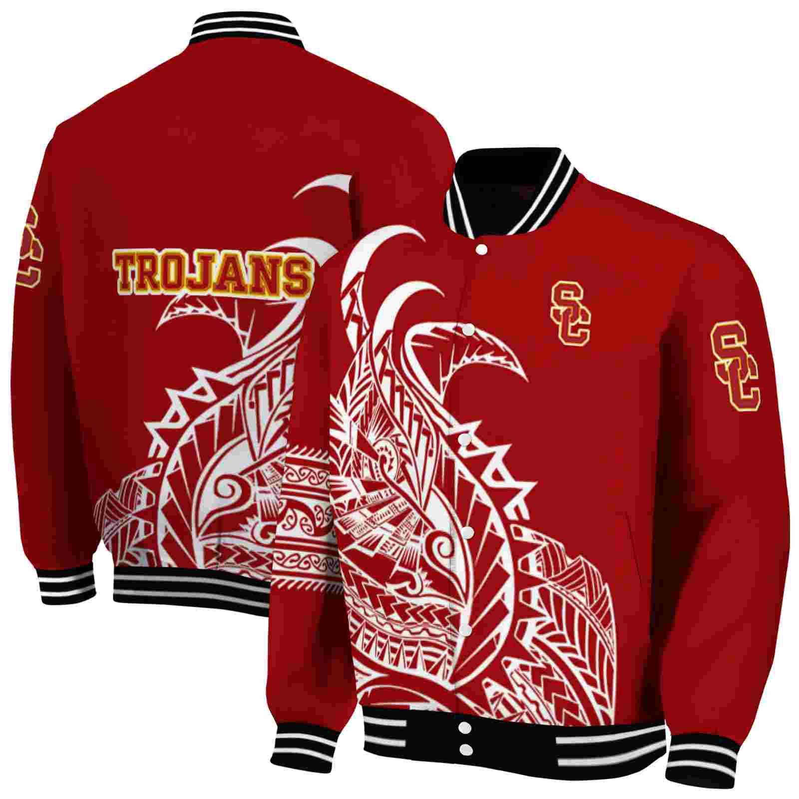 NcaaUSC Trojans Tribal Art Red White Black Custom Baseball Jacket Sport Fans Gear