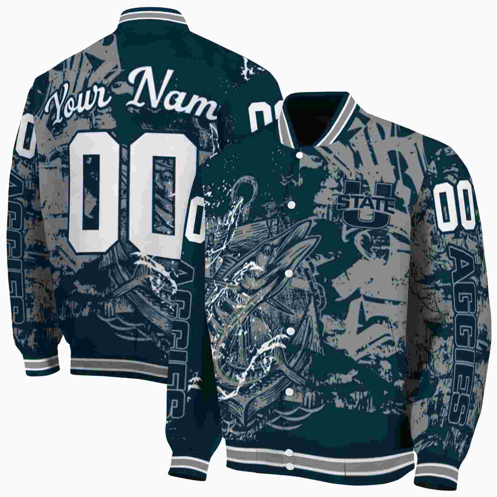 NcaaUtah State Aggies Fishing Art Navy Custom Baseball Jacket Sport Fans Gear