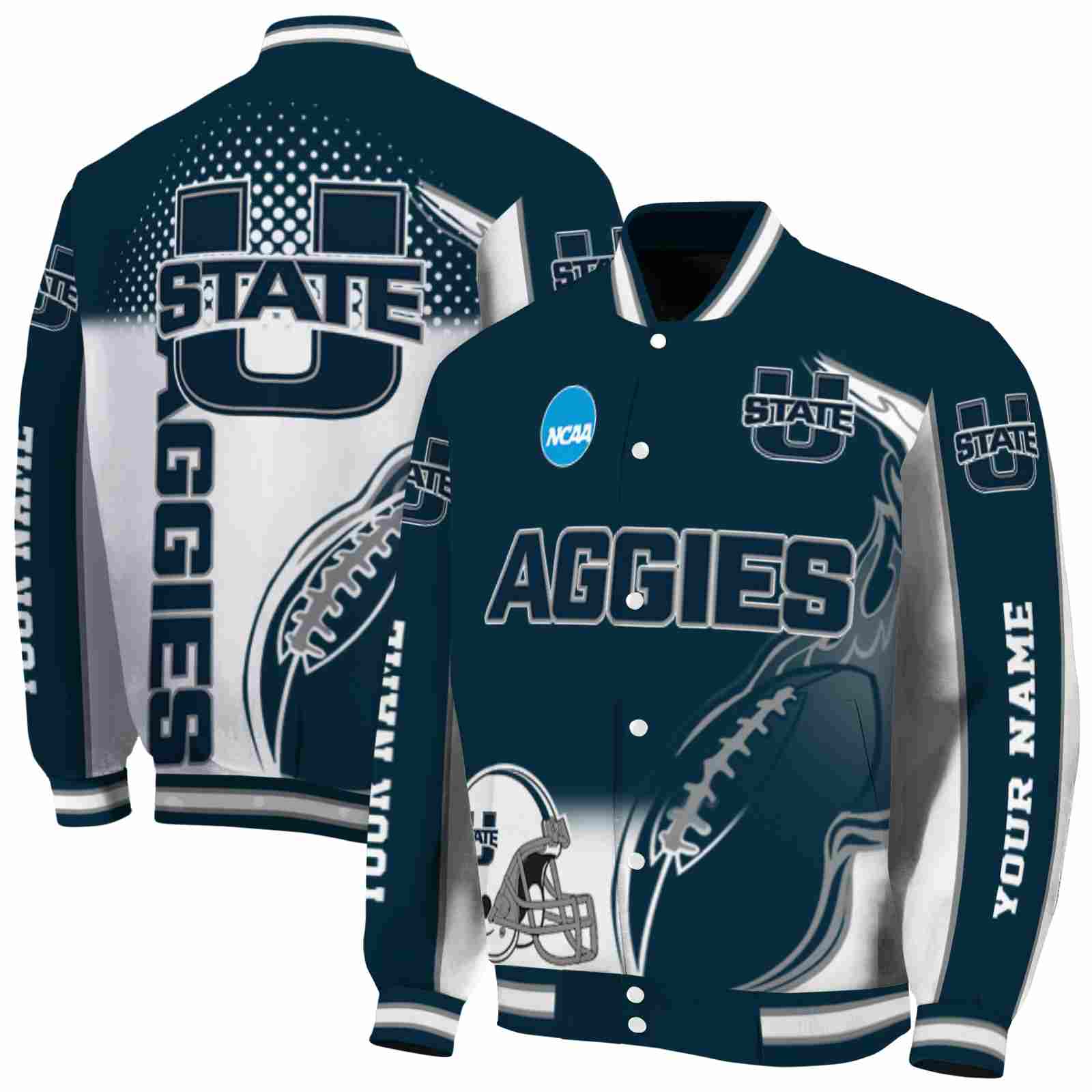 NcaaUtah State Aggies Flaming Football Navy White Custom Baseball Jacket Sport Fans Gear