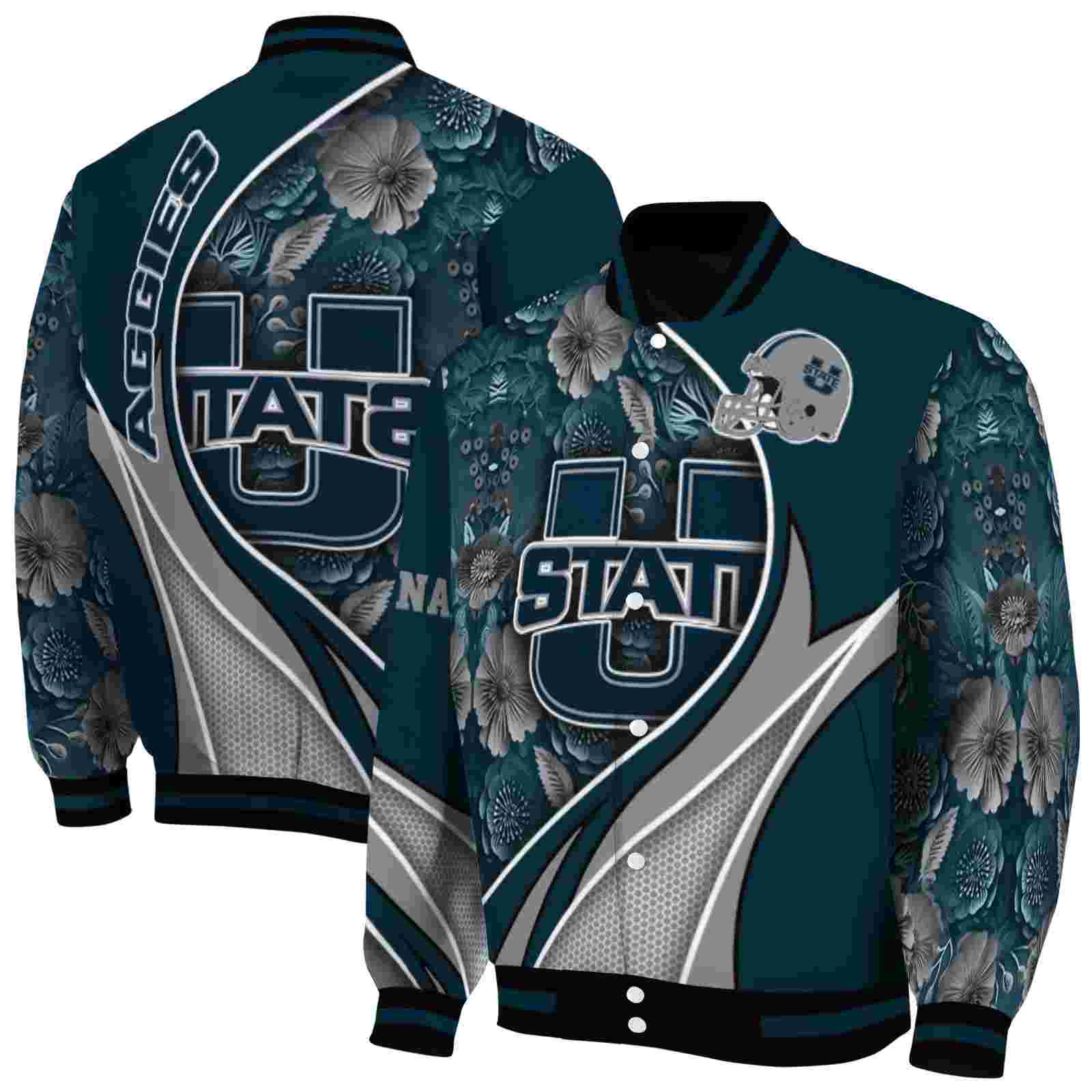 NcaaUtah State Aggies Floral Print Navy Custom Baseball Jacket Sport Fans Gear