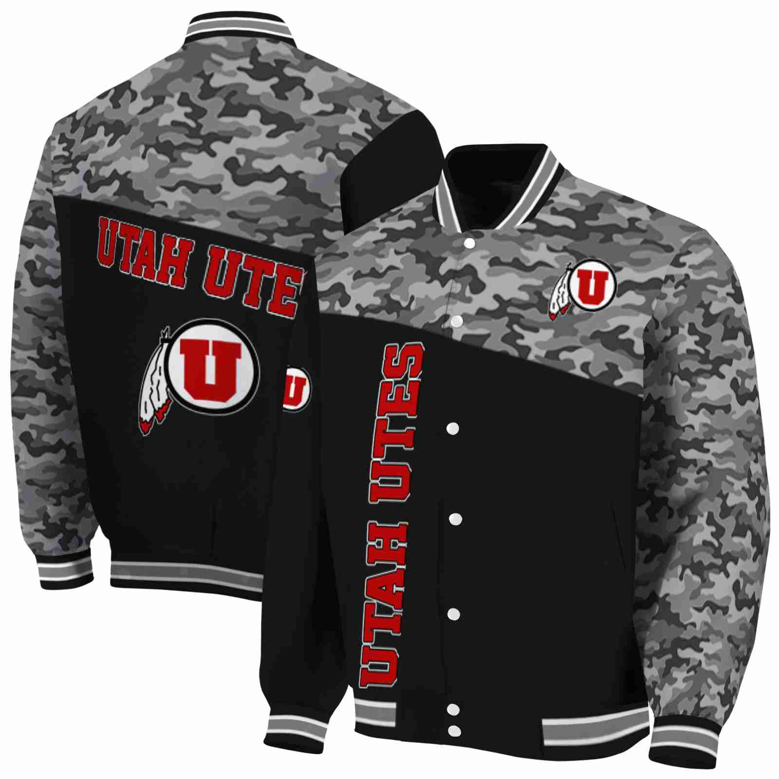NcaaUtah Utes Camo Patchwork Black Custom Baseball Jacket Sport Fans Gear