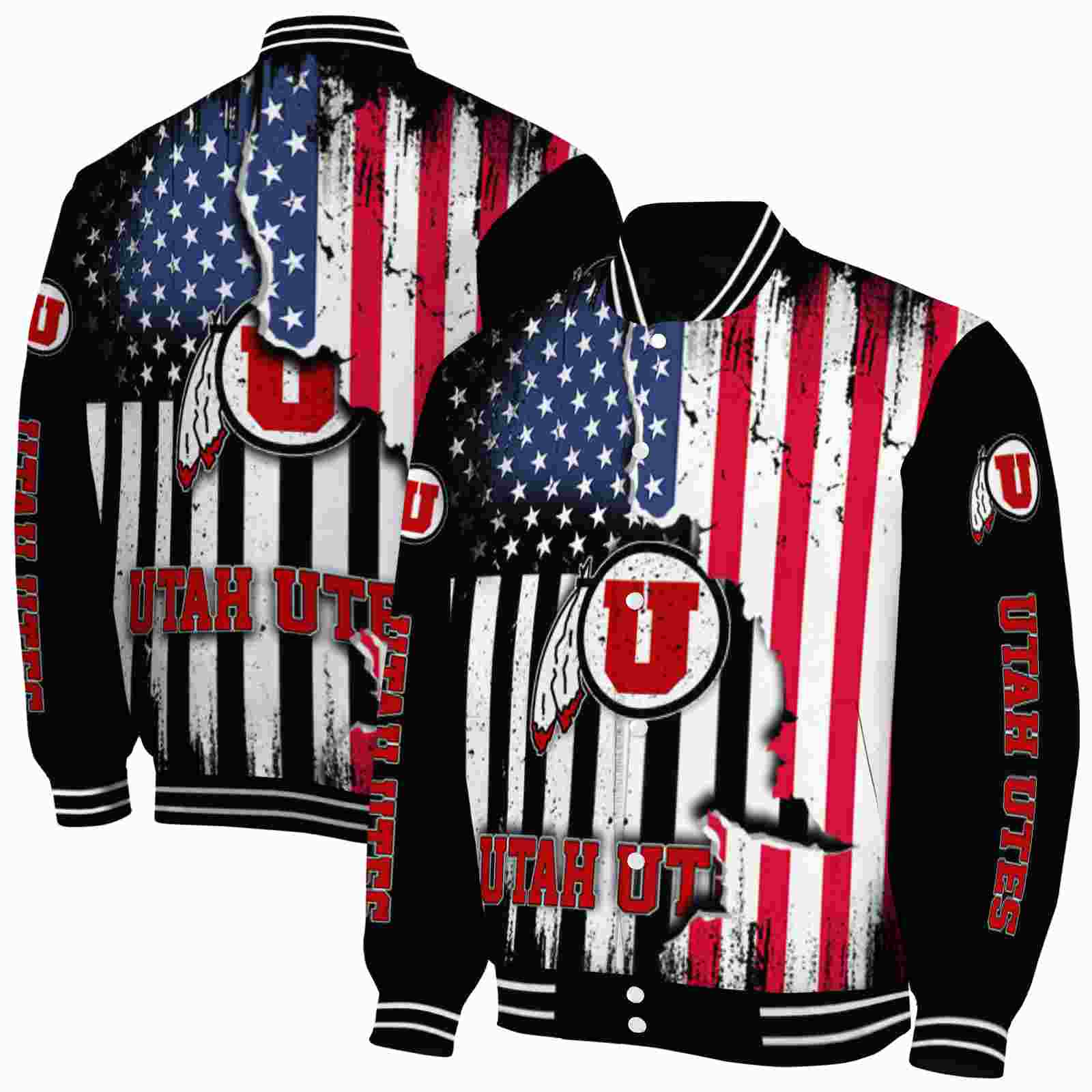 NcaaUtah Utes Patriotic Theme Black Custom Baseball Jacket Sport Fans Gear
